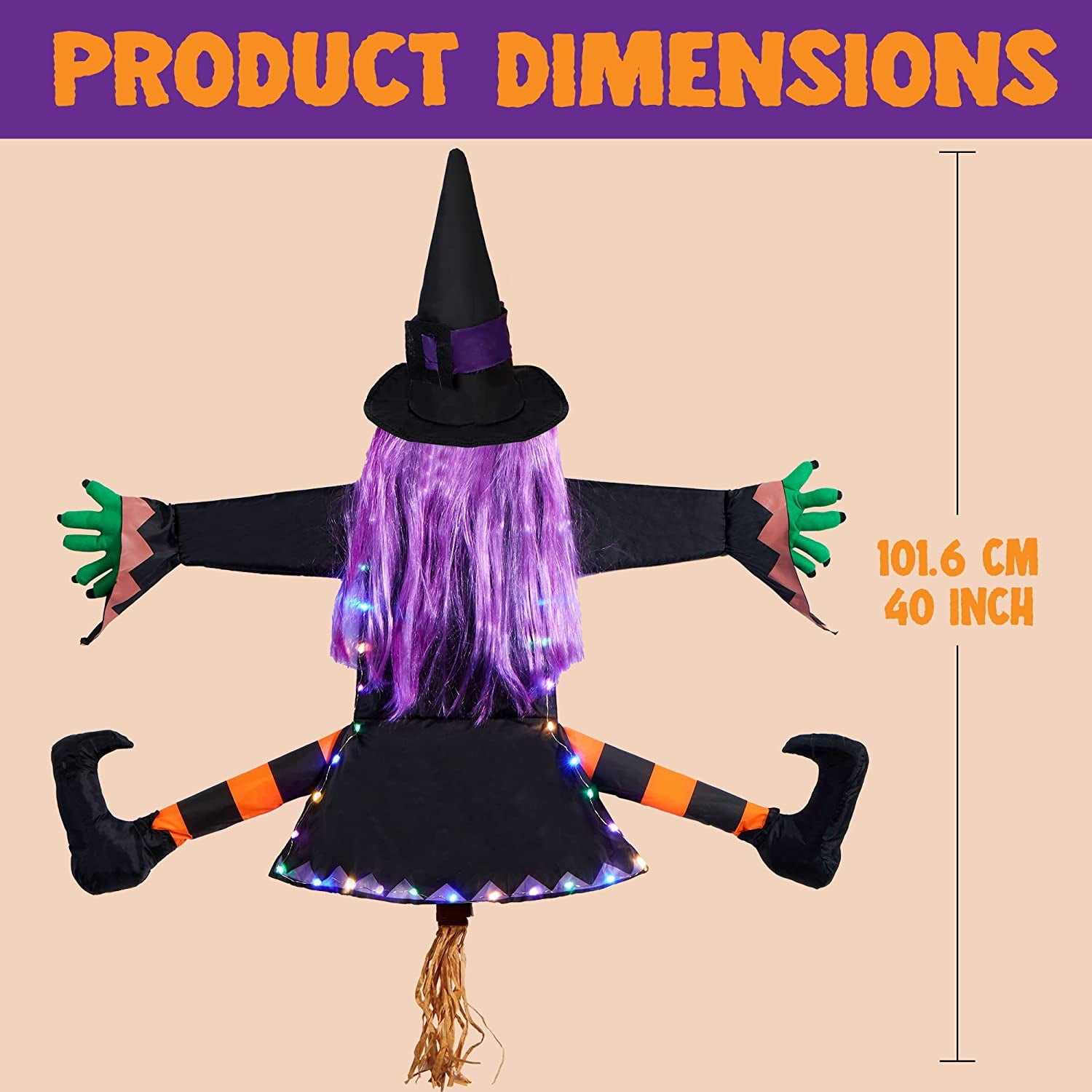 DAKIMOE Halloween Decoration Outdoor Witches Crashing Into Tree with Colorful LED Lights Crashed Witch Props Halloween Hanging Decorations for Indoor House Outdoor Yard Patio Decor 44''x33'' Orange