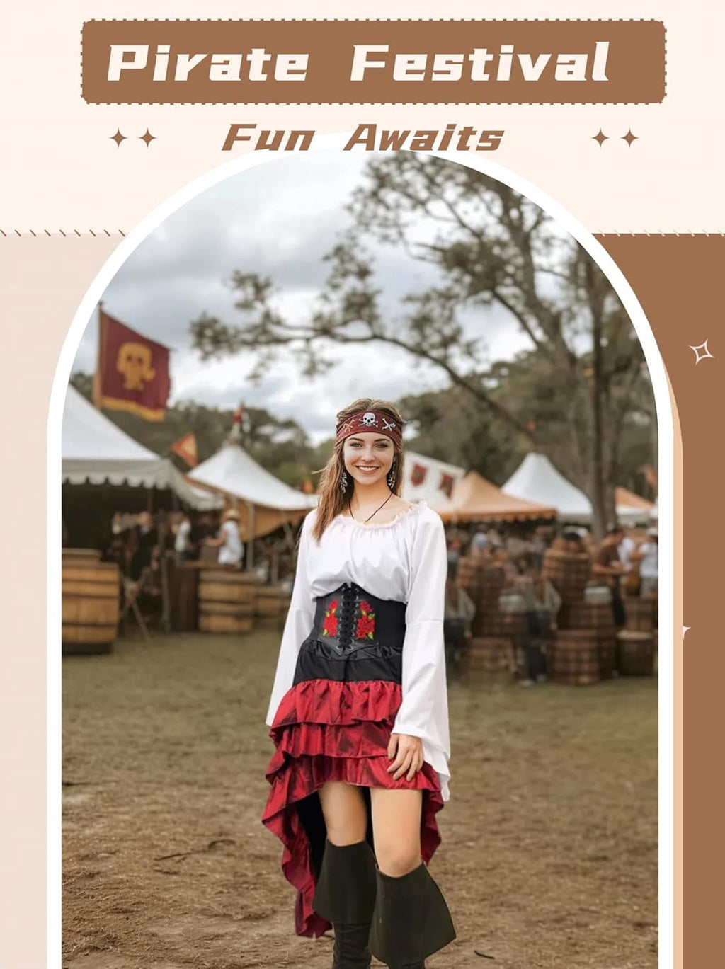 2026 Halloween Pirate Costume Women, Fancy Dress Cosplay Costumes Set with Renaissance Pirate Shirt Skirt Corset Waist Belt