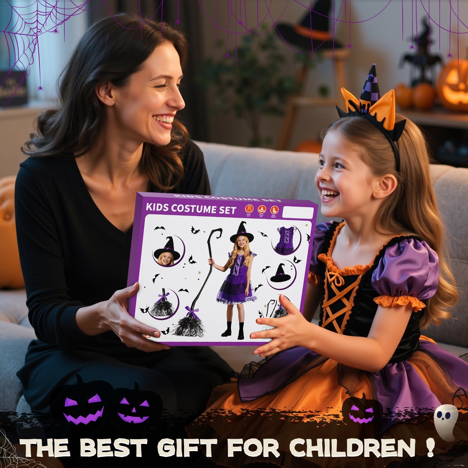 MAVOLIO Witch Costume Set with Hat for Girls, Halloween Dress‑up Outfit, Role‑Play Cosplay Costume for Toddler Kids 3‑12(m)