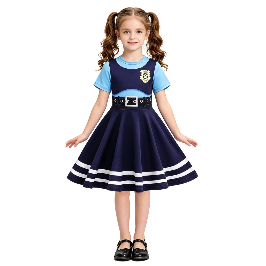 Bunny Officer Dress for 3-9 Years Halloween Short Sleeve A-Line Role Play Outfits with Headband Bow Tail Socks