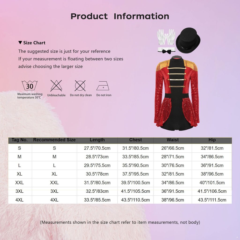 iiniim Womens Ringmaster Costume Circus Ring Leader Outfit Master Lion Tamer Fancy Bodysuit Black S