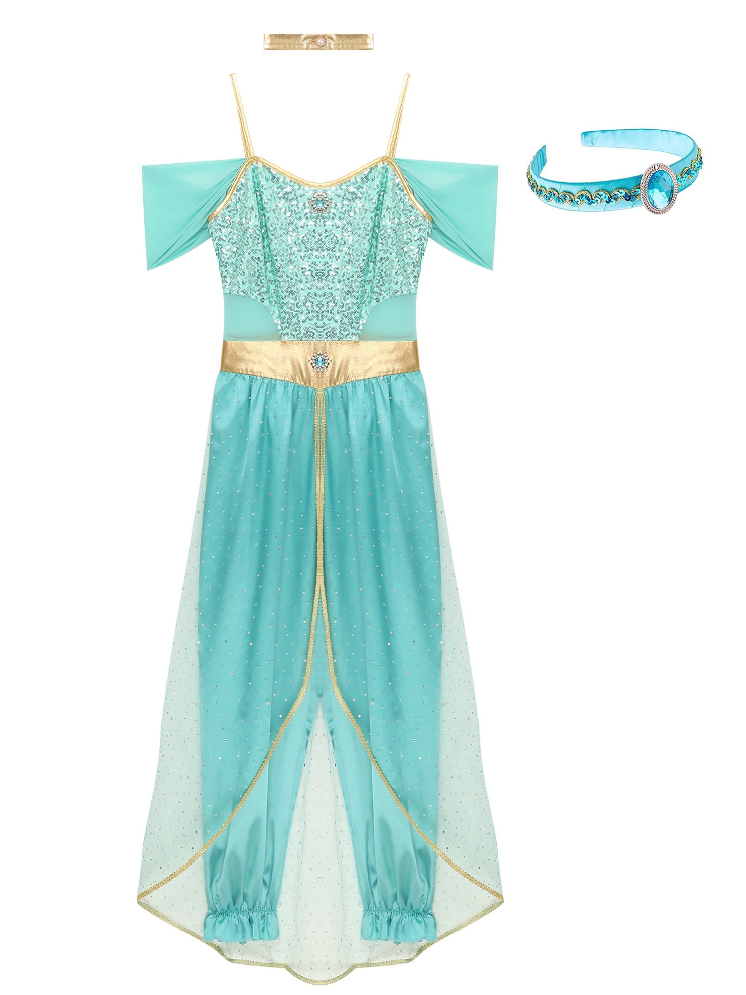 YiZYiF Women's Arabian Princess Dance Costume Halloween Party Fancy Dress Shiny Belly Dance Jumpsuit Turquoise B 4XL