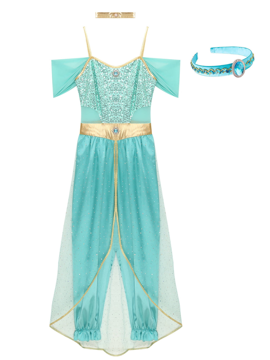 YiZYiF Women's Arabian Princess Dance Costume Halloween Party Fancy Dress Shiny Belly Dance Jumpsuit Turquoise B M