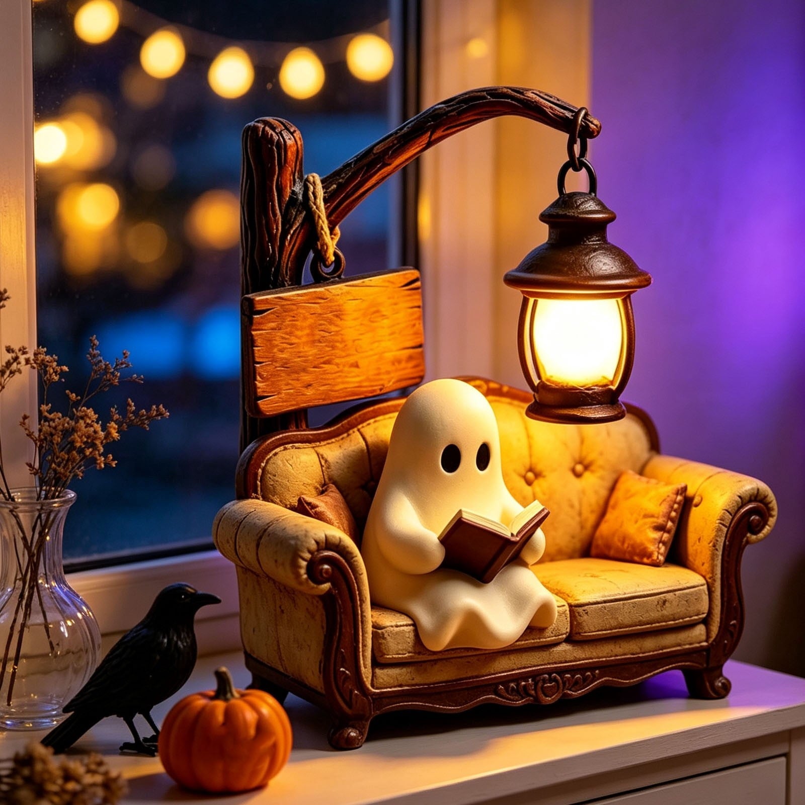 Outdoor Safe Halloween Ghost Figurine With Pumpkin Candy Bowl, Front Porch and Yard Statue, Indoor Outdoor Decorative Ghost for Treats and Decor