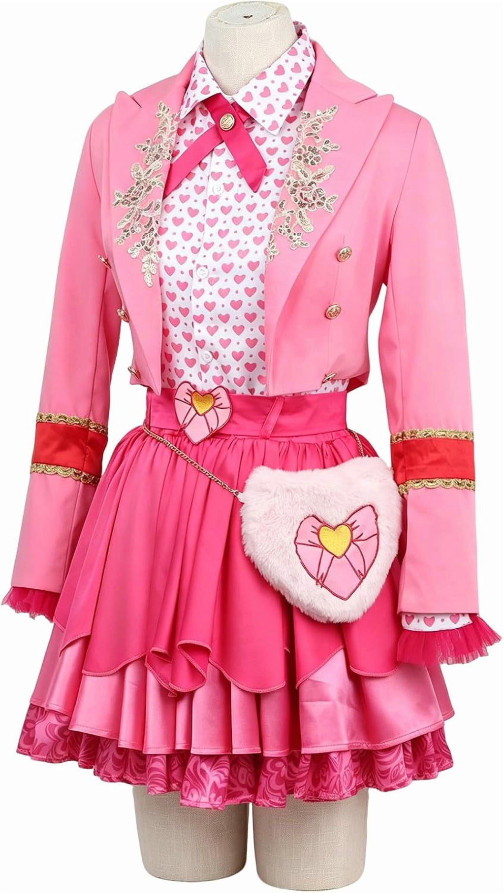 Guvpev G'irls Halloween Princess Costume, Pink Princess Dress Full Set with Heart Print Jacket, Shirt, Layered Skirt & Fuzzy Bag, Halloween Cosplay Outfits for Birthday Party & Fancy Dress Up