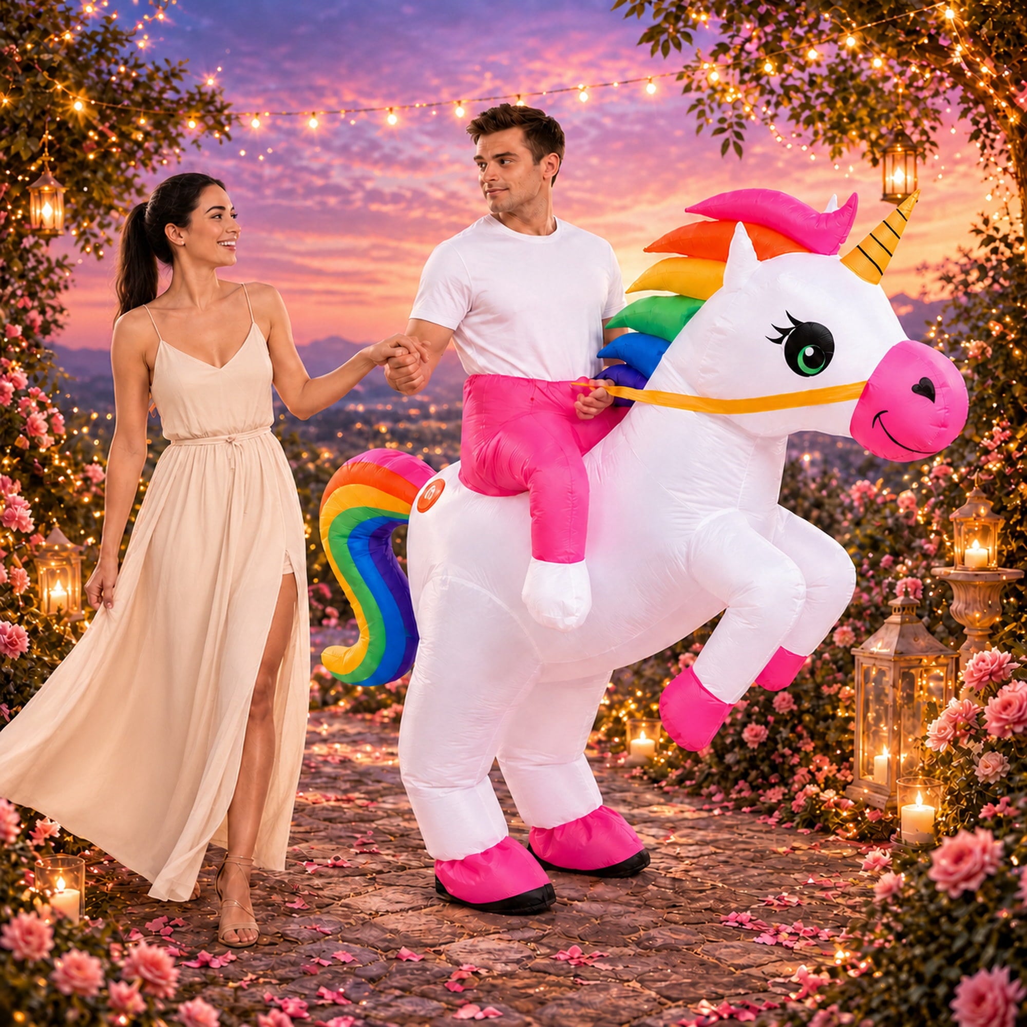 Inflatable Unicorn Costume for Adults, Funny Ride On Blow Up Costume for Men Women, Halloween Party Cosplay Outfit