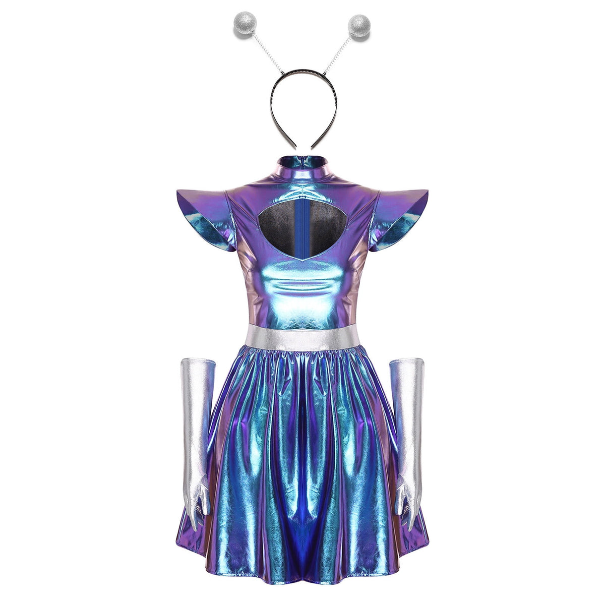 Aislor Womens Outer Space Alien Dress with Gloves Headband Halloween Space Cadet Rave Outfit Blue 3XL