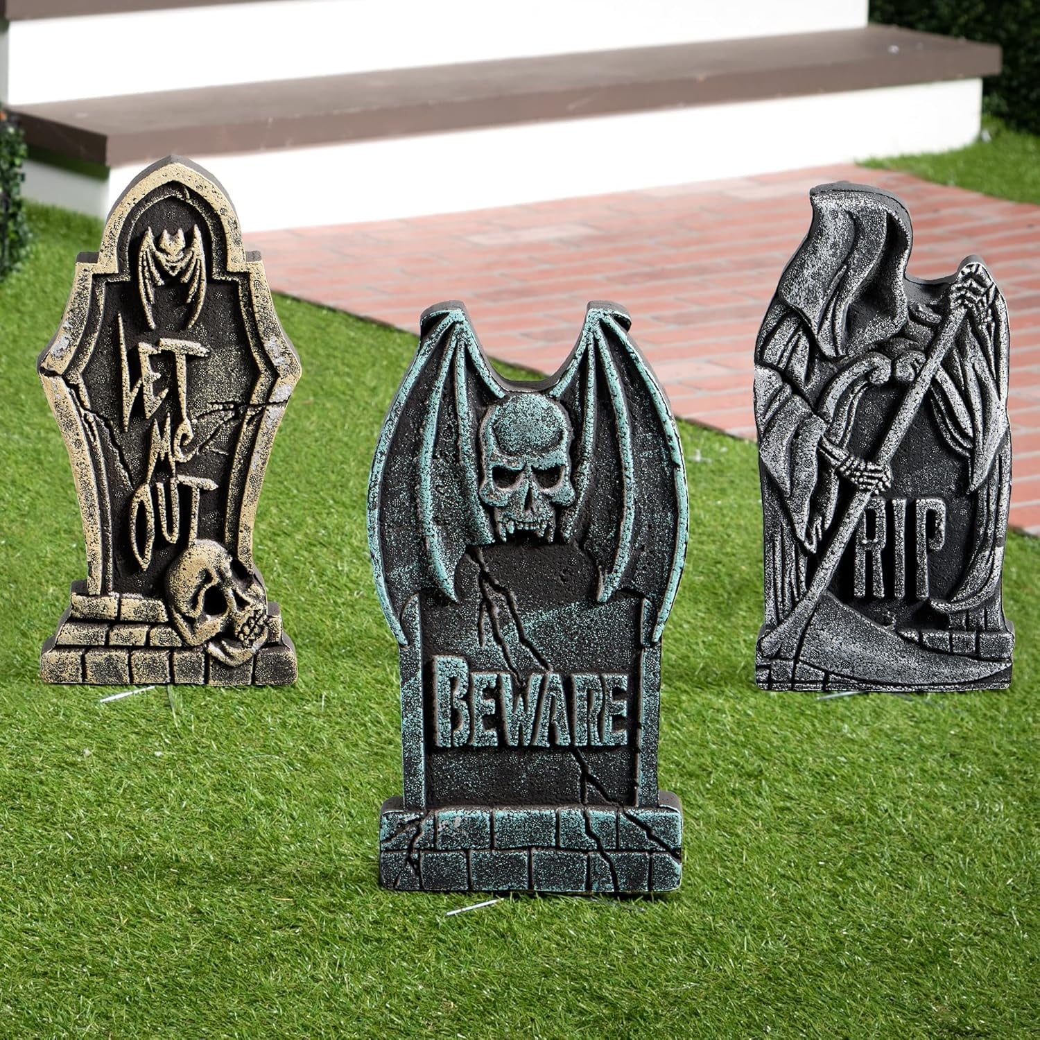 Joyfy 17" Halloween 5 Pack Tombstone Decorations, Foam RIP Graveyard Signs Cemetery Headstones Scary Outdoor Indoor Halloween Decor with 12 Metal Stakes for Easy Set Up, Waterproof for Garden Lawn
