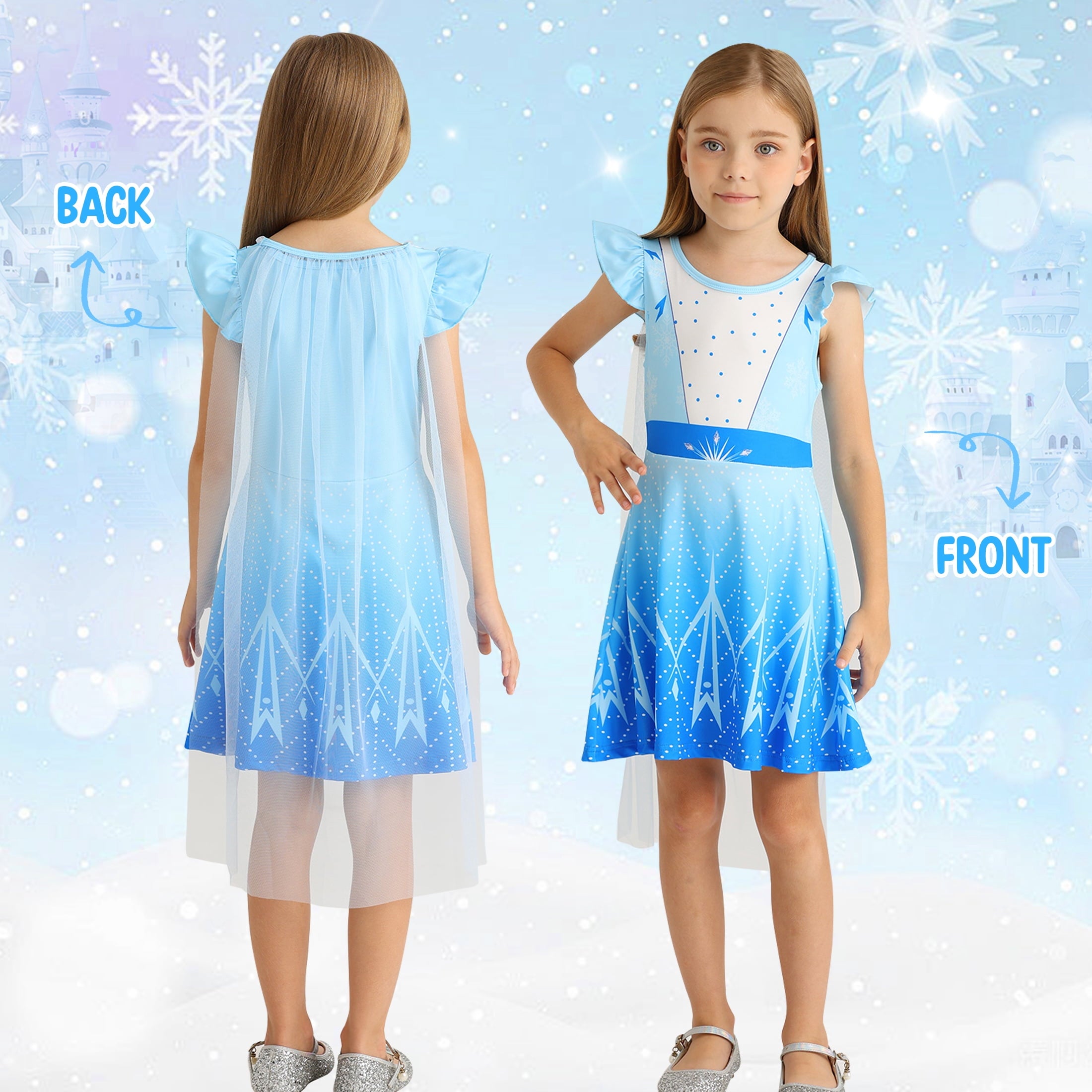 Benylion Girls Ice Princess Dress Halloween Cosplay Costumes With Tulle Cape Kids Birthday Party Dress up Outfit for 7-8 Years