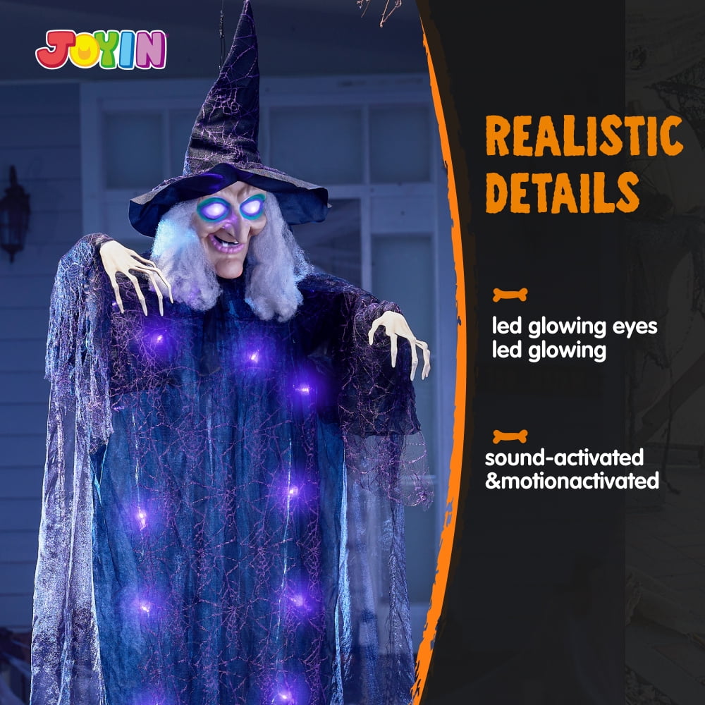 Joyfy 6ft Halloween Witch Decoration,Outdoor Scary Halloween Animatronic Hanging Witch with Light Up Eyes and Sound Decoration for Halloween Outdoor