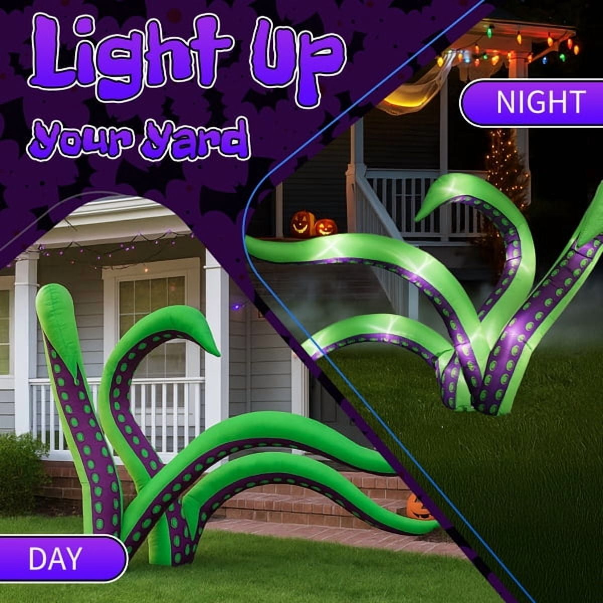 2-Pack 6.9FT Halloween Inflatable Octopus Tentacles, 12 White LED Lights, Quick Inflation with Ropes/Suction Cups for Windows/Rooftops/Yard