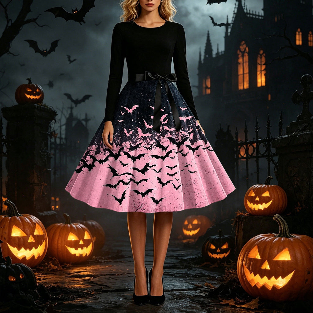 Women's Vintage Halloween Bat Print Swing Dress Long Sleeve 1950s Retro A-Line Midi Dresses with Satin Sash Belt for Gothic Cosplay Evening Prom Party