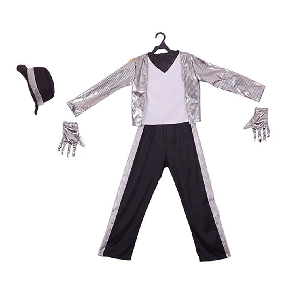 CUZIBR Boys Halloween Outfits Sequin Jacket Stripe Pants Hat Gloves Stage Performance For Shows Cosplay Events Party Clothes Sets,Silver,XXL/10-12 Years