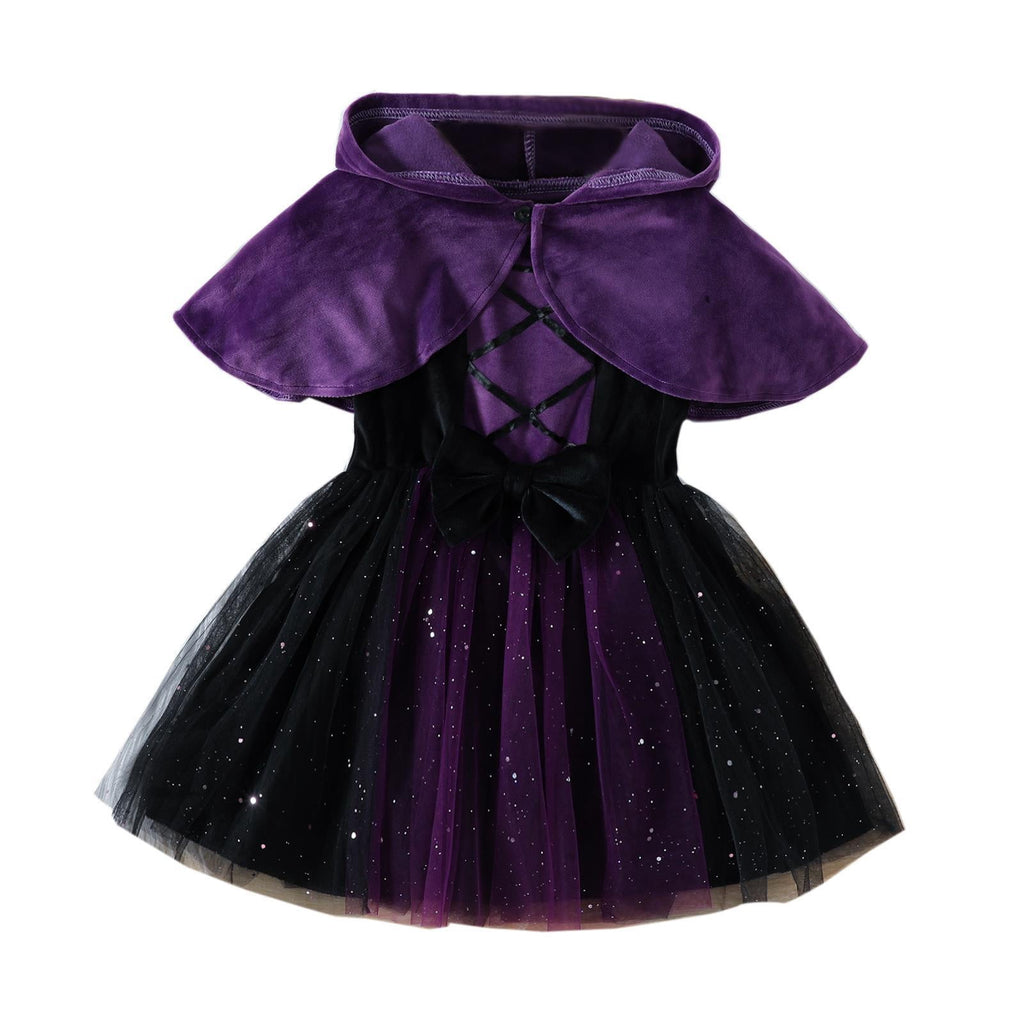 WIBACKER 1-6T Toddler Girls Witch Costume Kids Halloween Party Cosplay Ball Gown Tulle Dress with Plush Hooded Cape Shawl Set