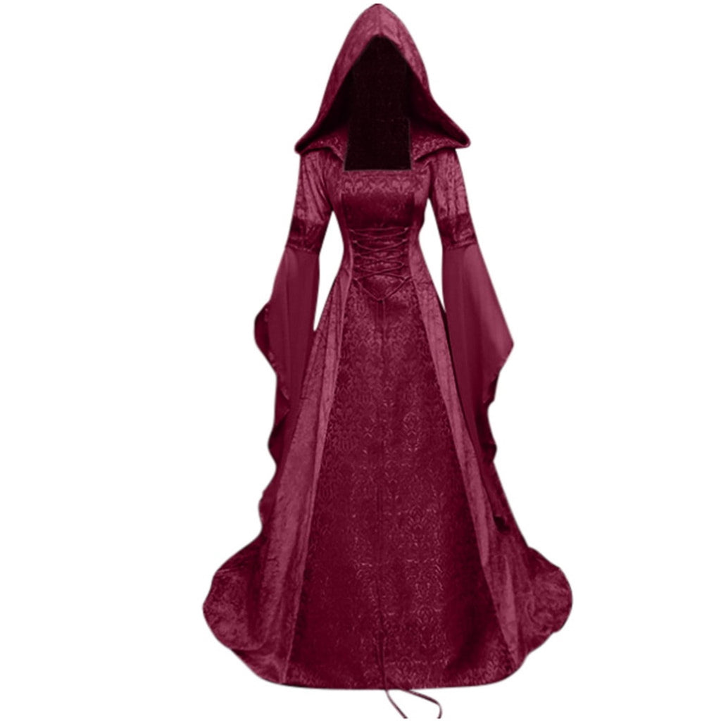 Women Gothic Cold Shoulder Midi Dress, Sheer Flare Bell Sleeve Front Corset Irregular Witch Costume Dress, Adult Halloween Dark Aesthetic Vintage Formal Evening Cosplay Party Outfit(Navy-2/M)