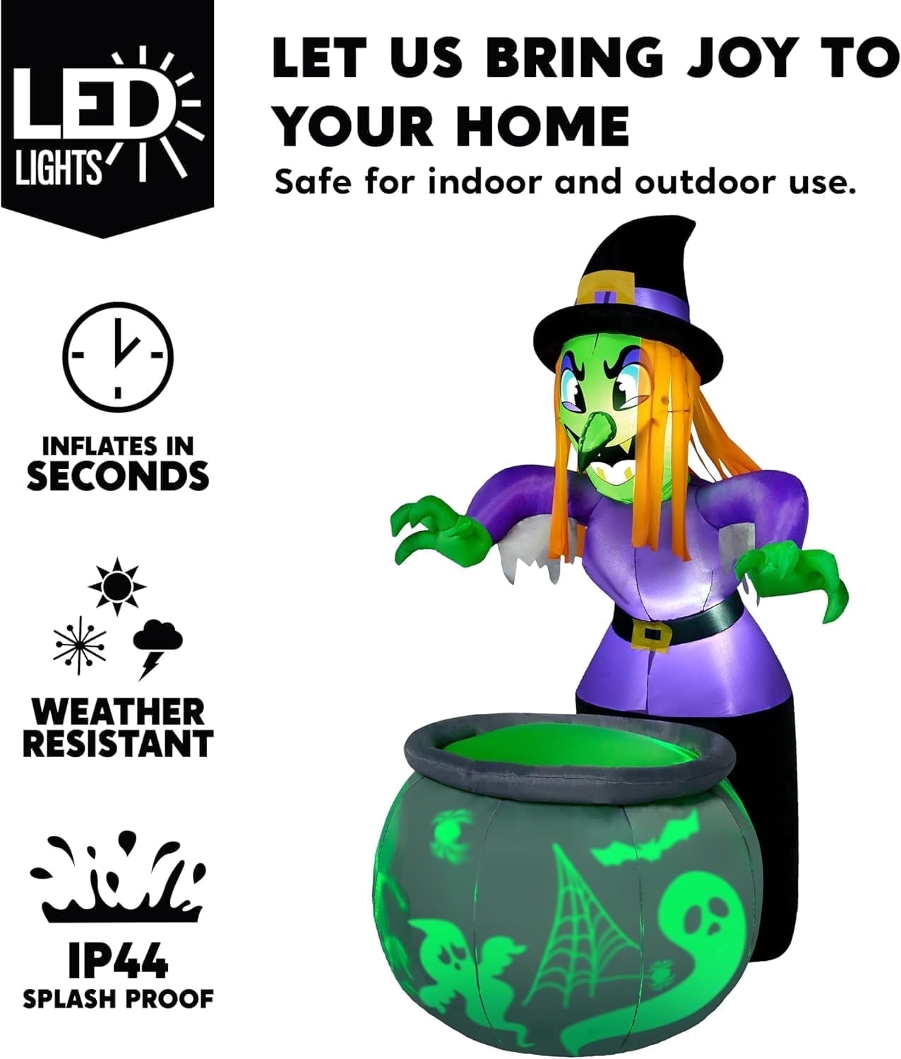 Joyfy 6 ft Halloween Inflatable Witch & Cauldron,Blow Up Decor with Rotating Green Ghost Projection Built-in LEDs,Outdoor Decoration for Party,Yard,Garden