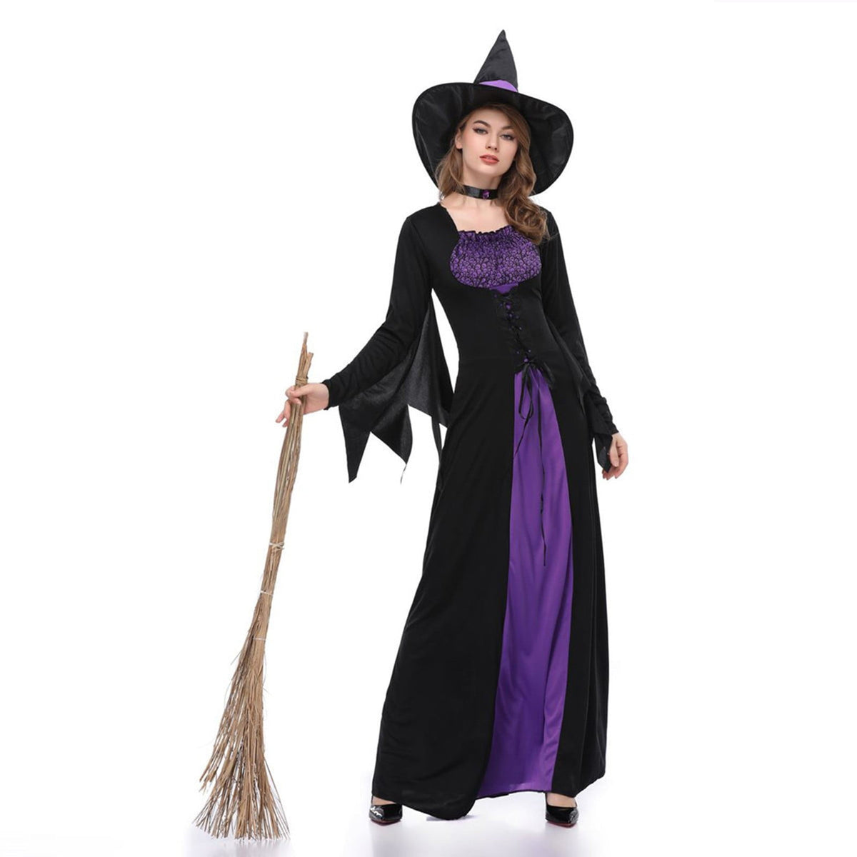 Halloween Witch Costume Women, Classic Retro Witch Costumes for Women Halloween Fancy Dress Witch Dress Purple L