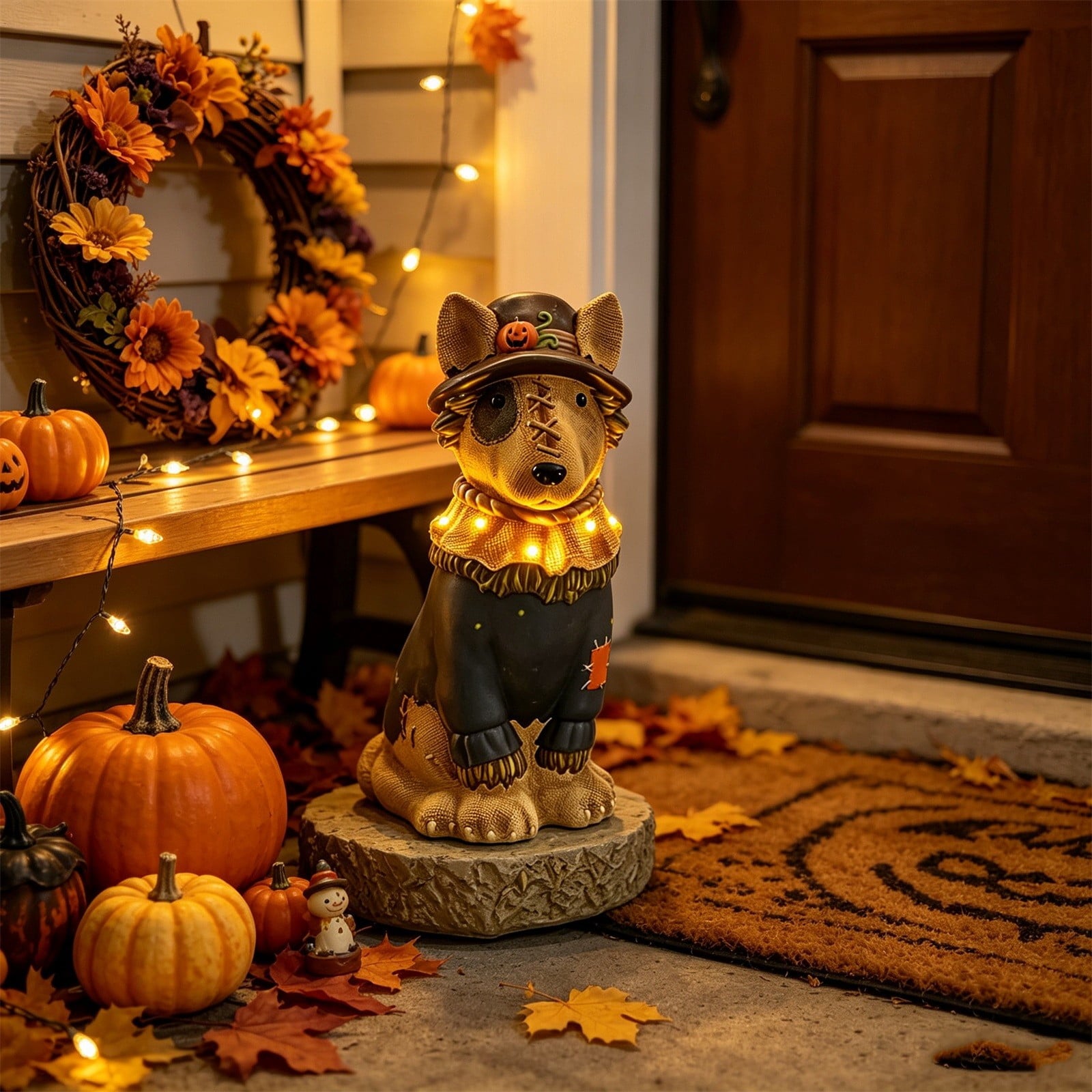 Gray Frenchie in Shark Costume Blow Mold, Halloween French Bulldog Statue with Light Up Pumpkin Decor, Cute Resin Outdoor Indoor Tabletop Dog Ornament, Entryway Patio Yard Decoration, 8"