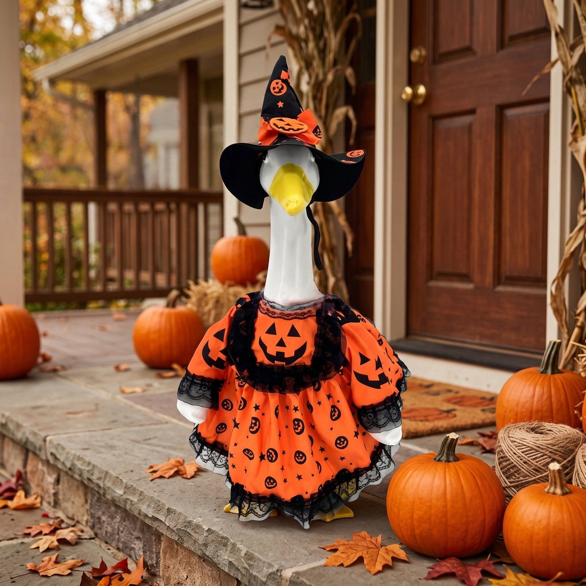 Thanksgiving Harvest Outfit for 23" Porch Goose, Goose Fall Theme Dress in White&Orange with Headwear Fall Harvest Decor for 23" Goose Outdoor Patio Yard Lawn Decoration