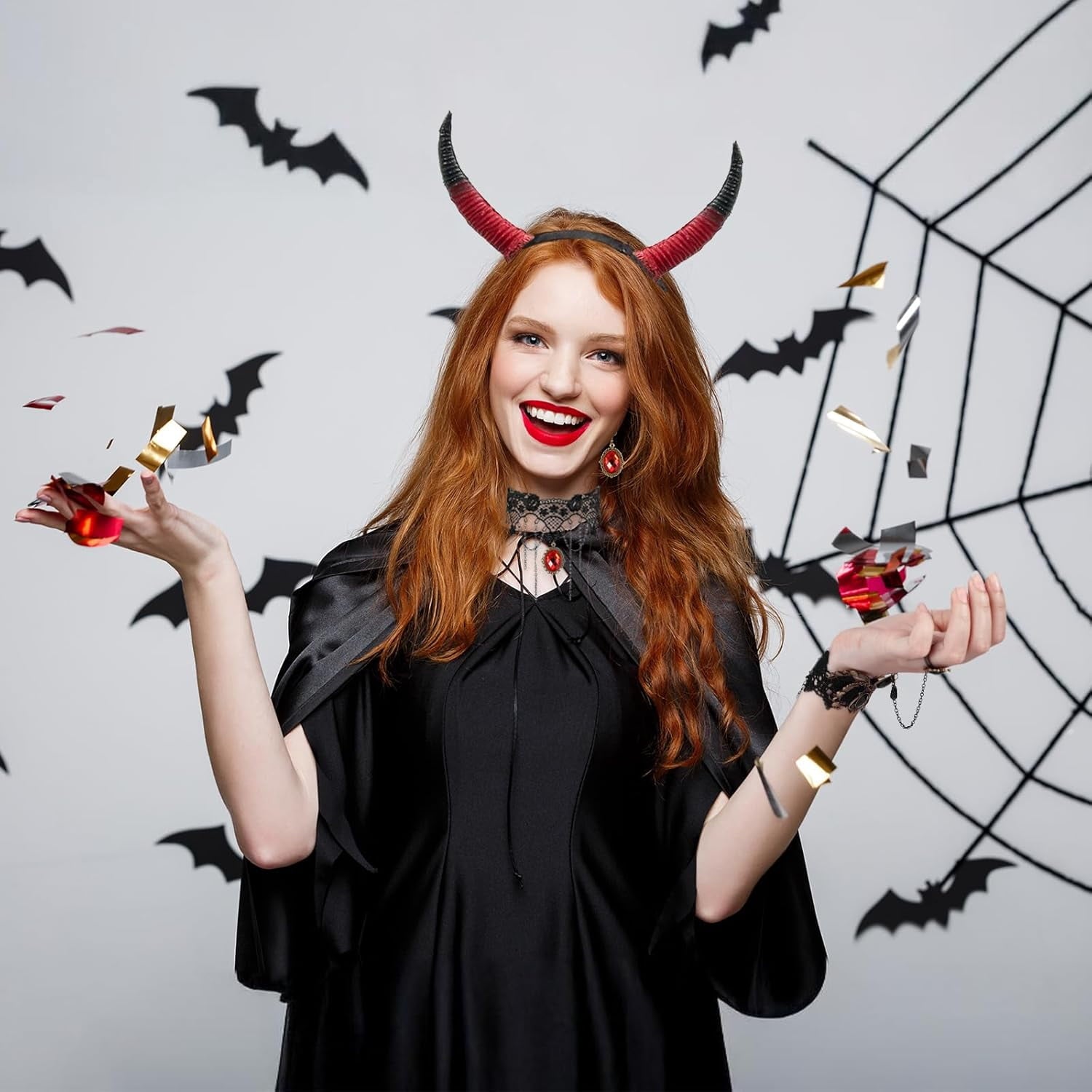 HIFOT 6pcs/set Spider Costume Adult Spider Web Poncho Tights Spider Necklace Chocker Earings Mask and Witch Hat Halloween Costumes for Women