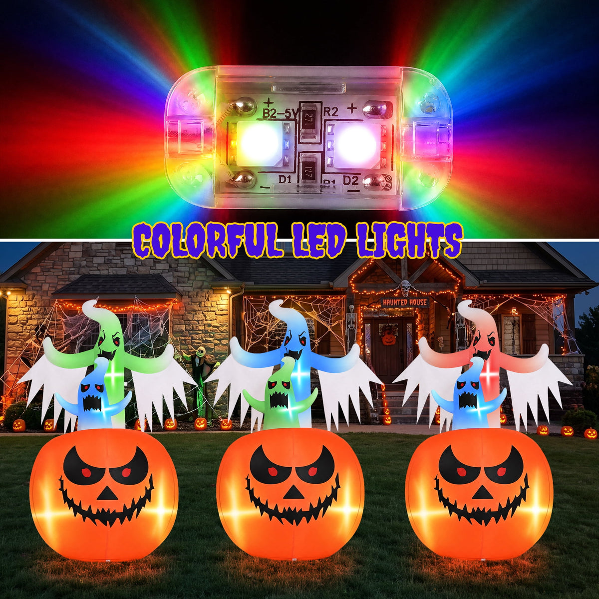 Firstness 6ft Tall Halloween Inflatable,Ghosts Pumpkin with Colorful Flashing Lights,Blow ups Halloween Outdoor Decorations