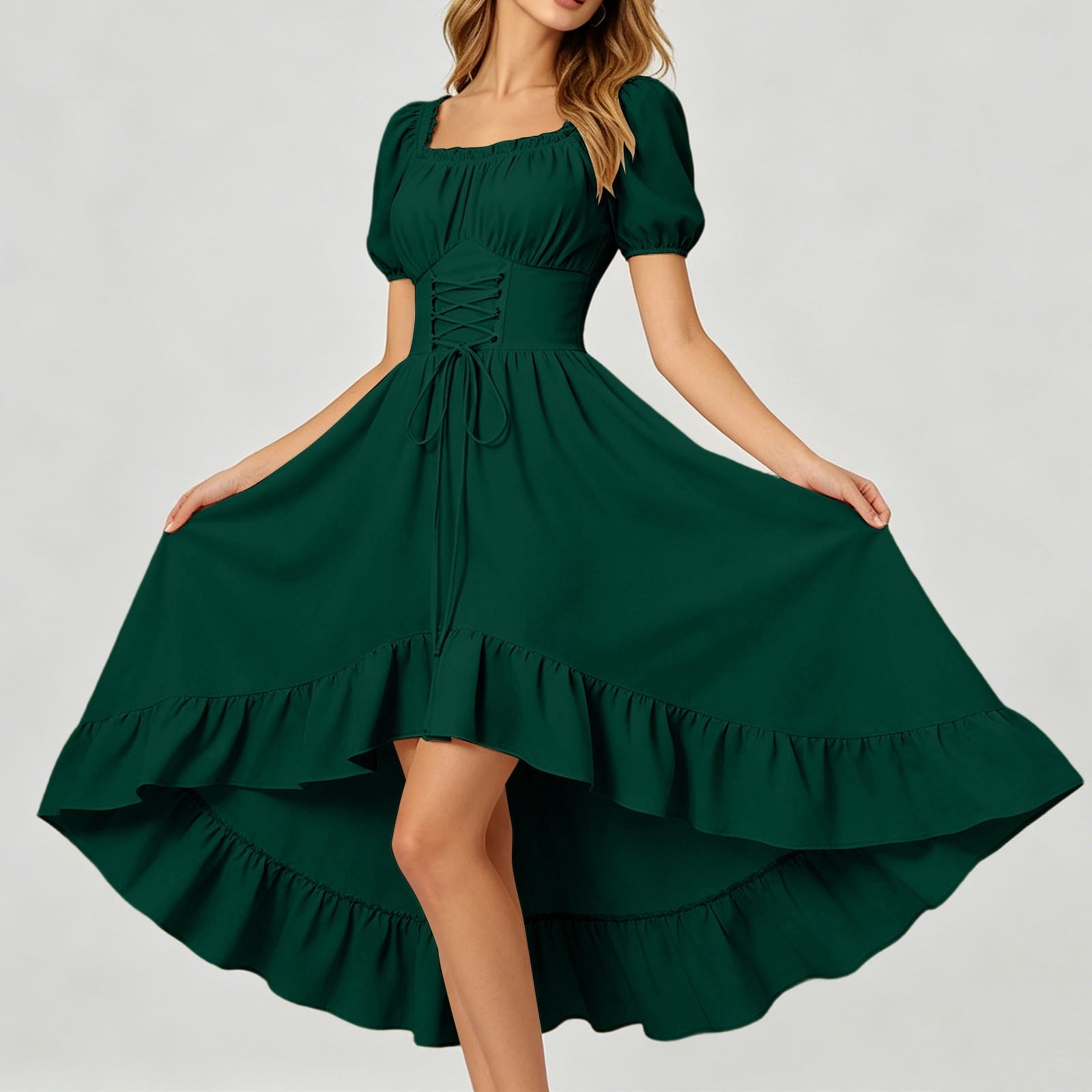 Gothic Dresses for Women Medieval Renaissance Halloween Costume Lace Up Corset High Low Ruffle Hem Square Neck Vintage Gown