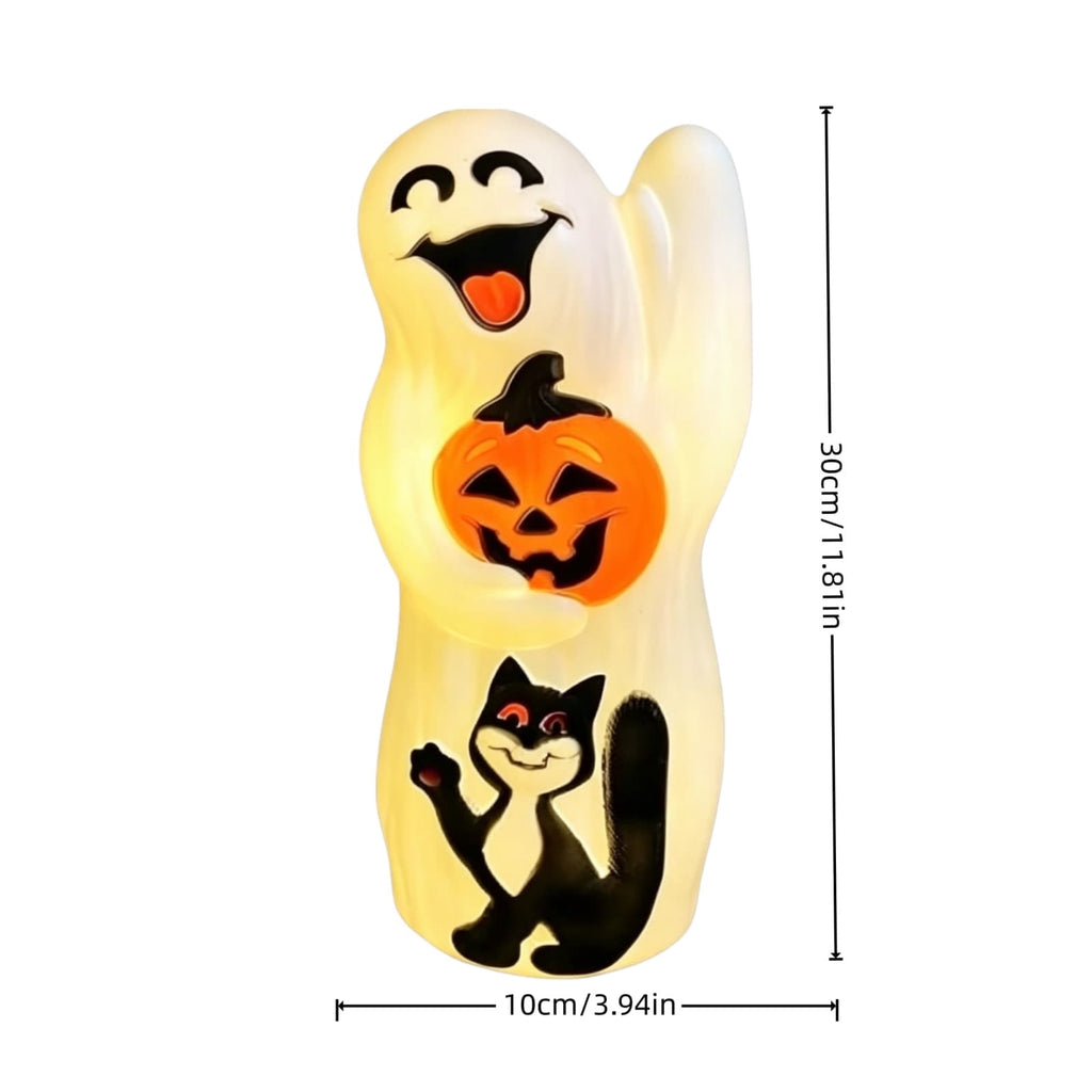 LOWLHOME Halloween Blow Mold Ghost with Black Cat, Halloween Glowing Spooky Decor Cute LED Lamp, Ghost Pumpkin Night Light, Shelf Battery Operated Table Ornament, 11.8"