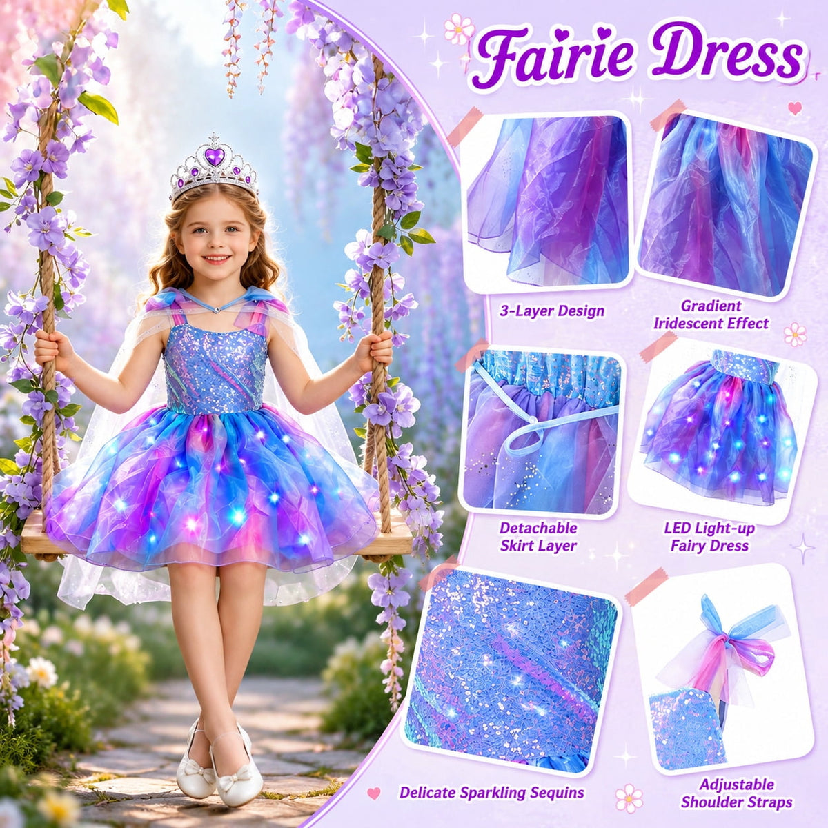 WonderStone Princess Dress for Girls, Fairy Costume Dress-Up with Luxury Accessories, Purple Tutu Outfit for Birthday Parties, Kids & Toddlers Ages 5-6