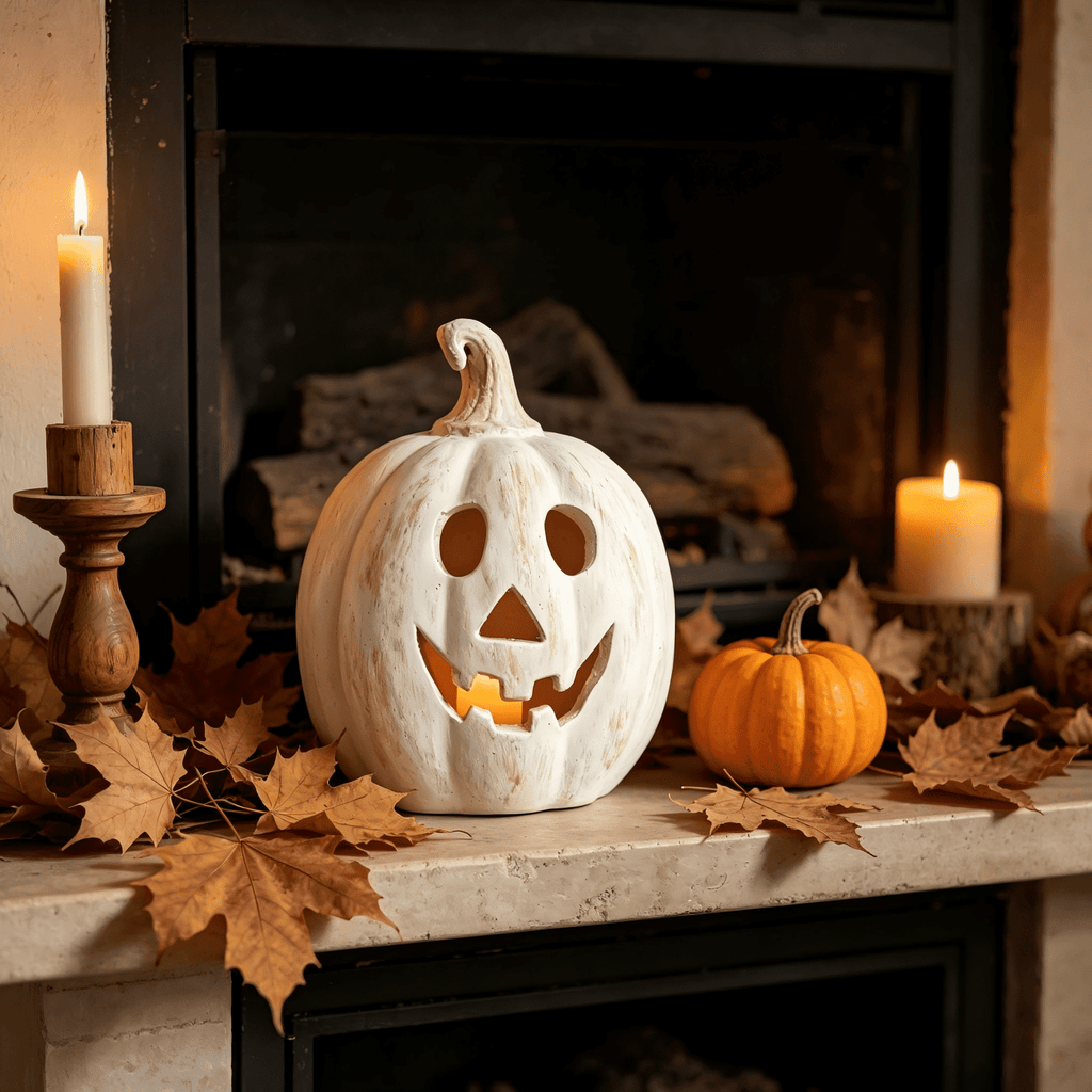 Fall Decorations for Home - Halloween Decor Indoor - 7.87" H White Handmade Resin Pumpkin Jack O' Lantern with Flameless Candle - Outdoor Decoration for Front Door Porch Mantel Kitchen Living Room