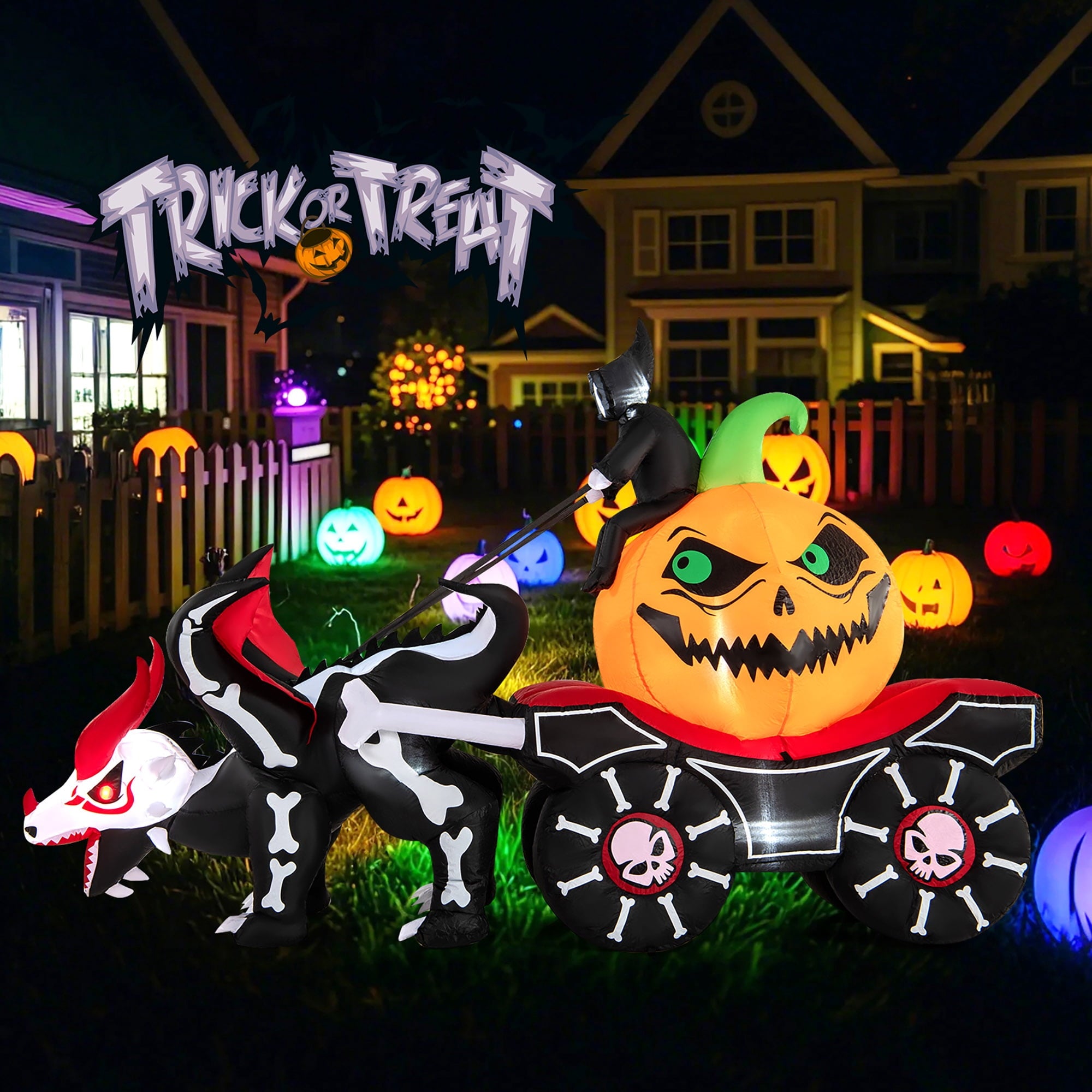 Gymax 9 FT Long Halloween Inflatable Decoration Grim Reaper Driving Pumpkin Carriage
