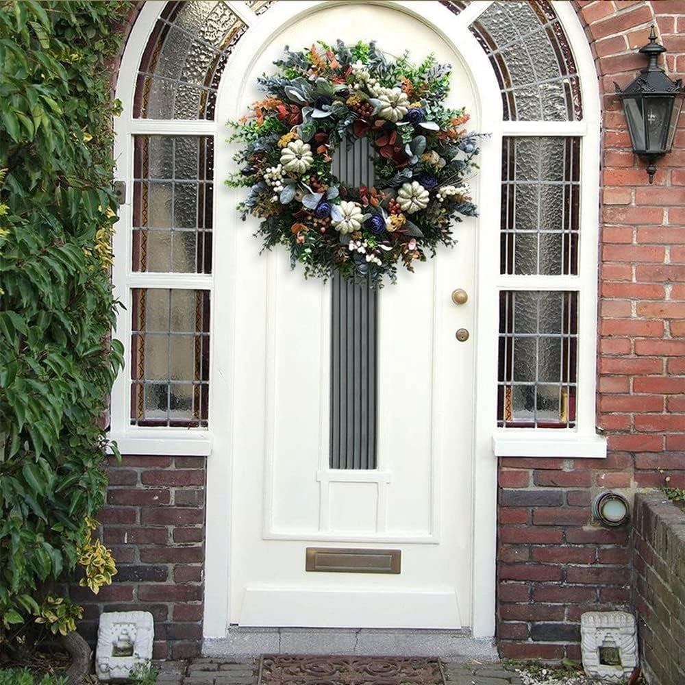 Artificial Fall Wreaths for Front Door Rustic Autumn Wreath with Pumpkin,Rose,Berry Branchesm,Mixed Leaves Thanksgiving Wreath Fall Door Wreath for Halloween Thanksgiving Indoor Outdoor Decor (B17.7)