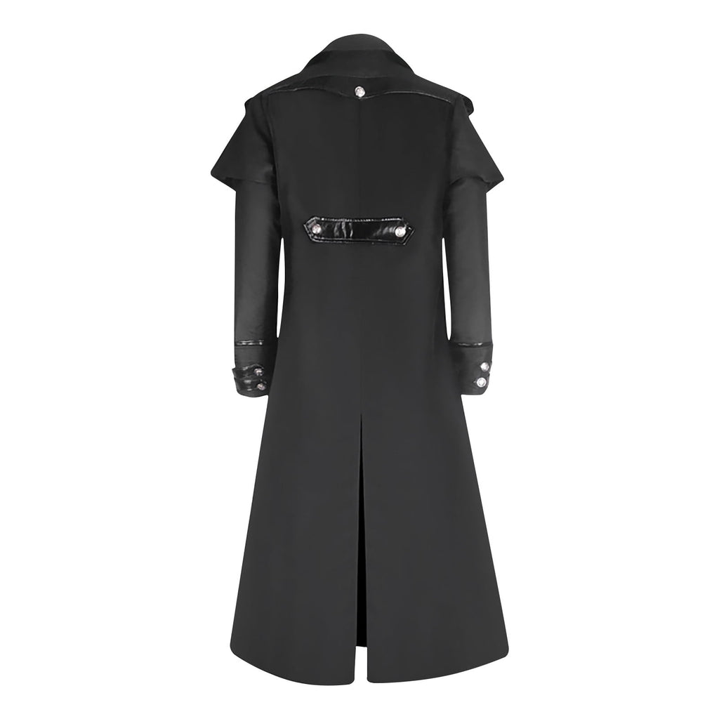 WREESH Mens Steampunk Long Trench Coat Gothic Vintage Tailcoat Jacket Lapel Zip Up Overcoat Leather Deco Lace Up Frock Coat Black