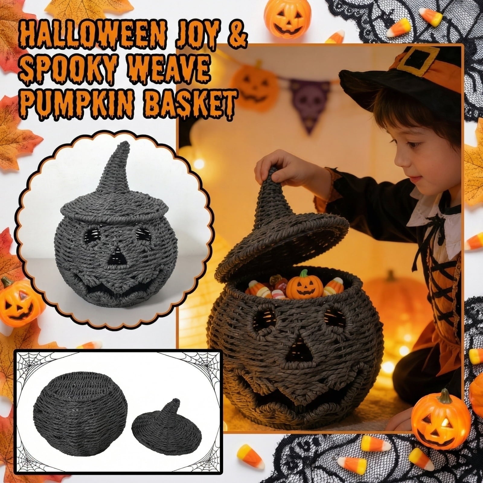 2026 Halloween Black Woven Seagrass Pumpkin Storage Basket with Lid, Fall Indoor Home Decorations for Halloween Party Home Halloween Decor, 10.2 inch
