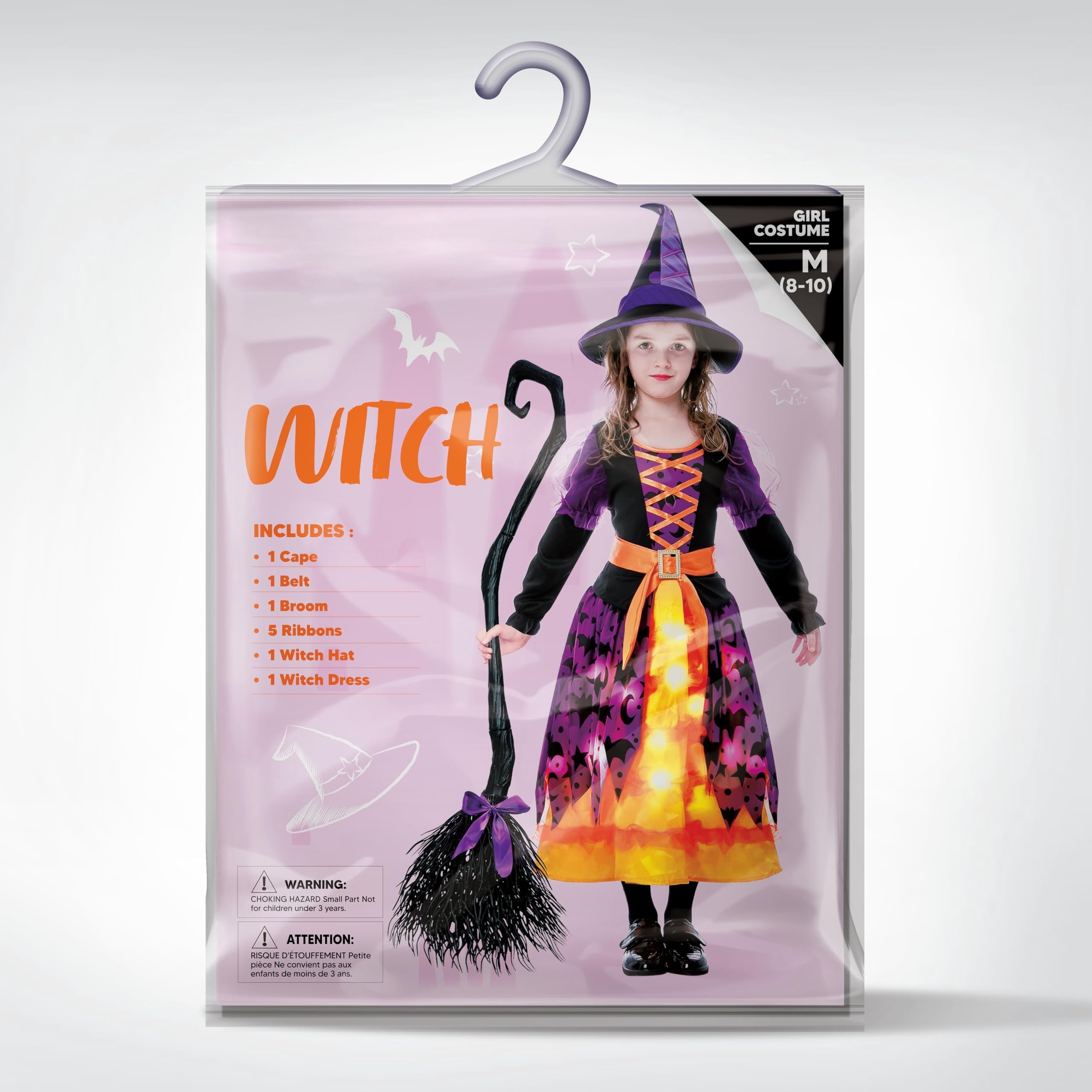 Joyfy Light up Witch Costume for Girls,Starry Witch Dress with Broom Hat for Kids and Toddlers, Perfect for Halloween Party Dress-up Cosplay Age 5-7