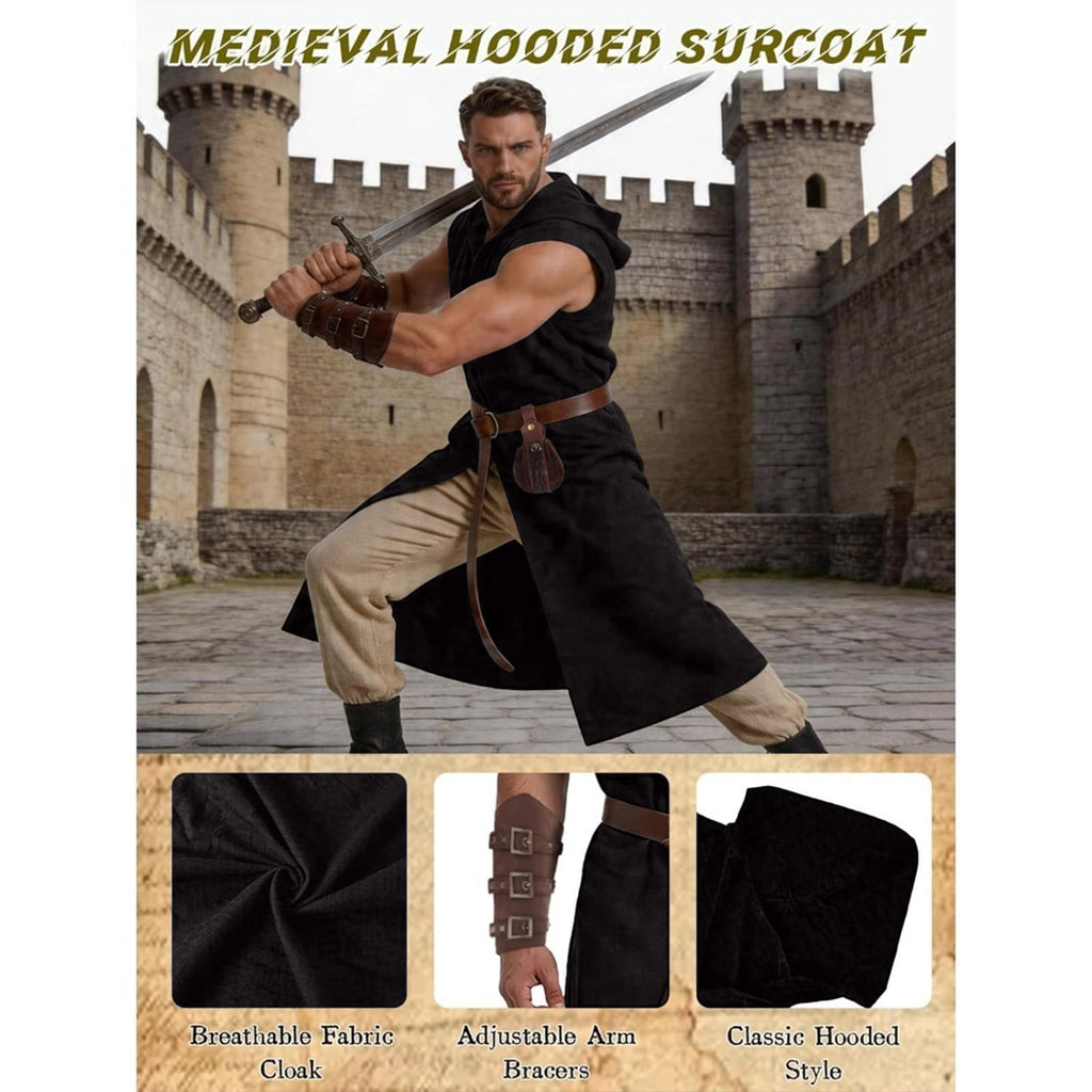 Men's Medieval Vintage Viking 5-Piece Cosplay Costume Set Sleeveless Hooded Cape Belt and Bracers for Halloween