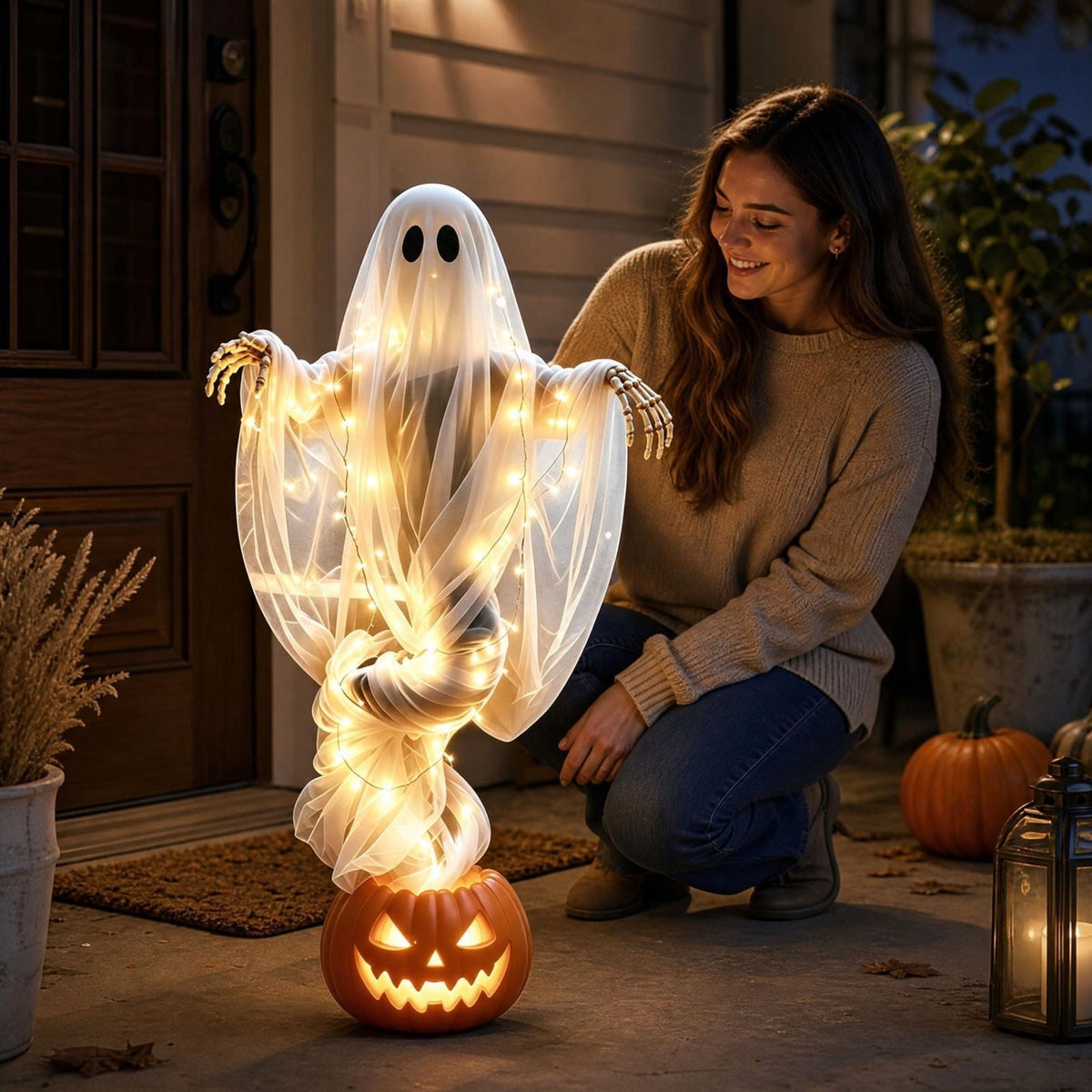 Halloween Light-Up Ghost Decorations Outdoor - 6.5 FT - 8 Sounds Gaint Hanging Swing Ghost Halloween Decoration, Spooky Cute Ghosts Decorations for Front Porch Yard Tree