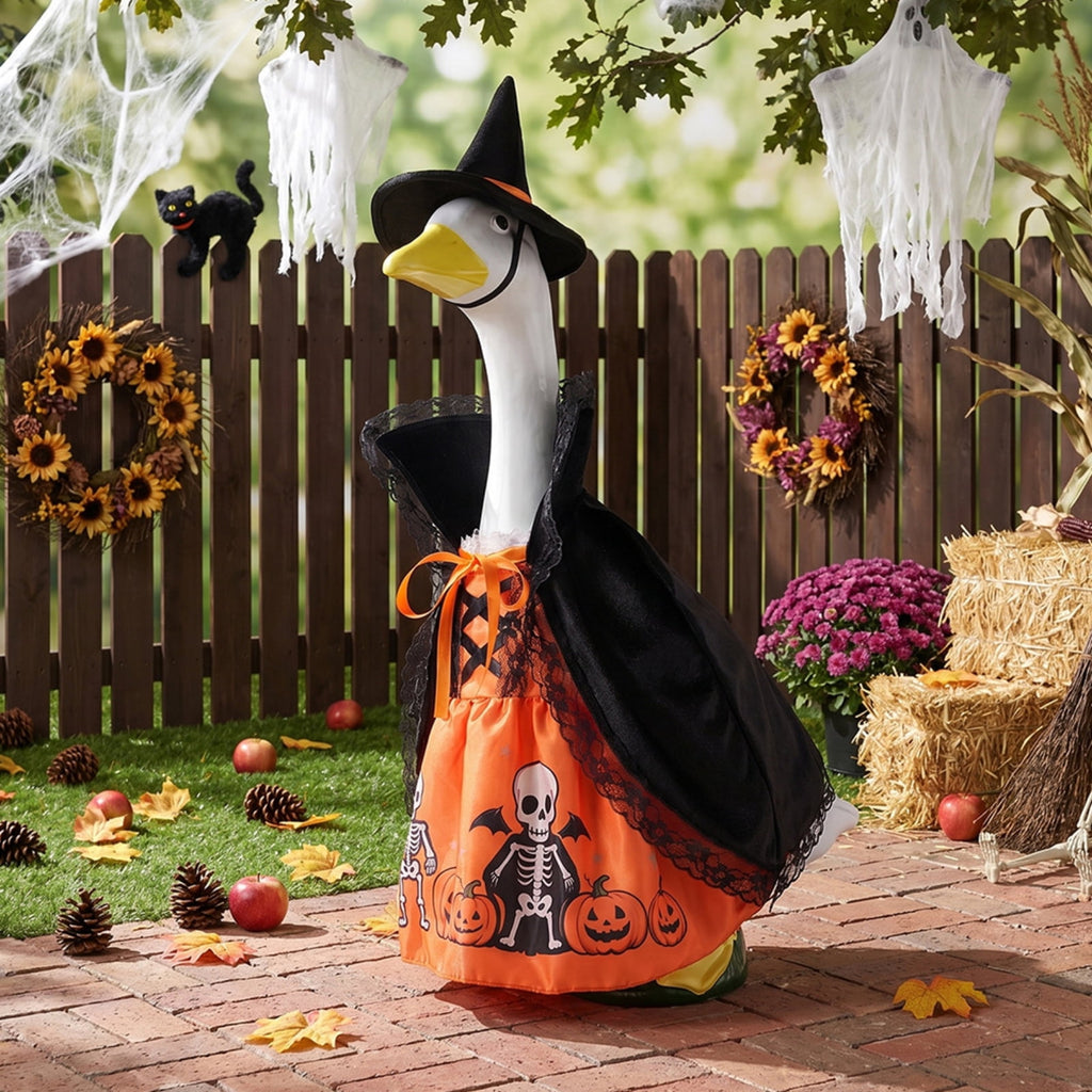 Outdoor Holiday Yard Decor, 23 Inch Porch Goose Outfits, Halloween Pumpkin Themed Porch Goose Clothes, Porch Goose Set with Hat and Treat Bag, Fits Standard 23 Inch Large Porch