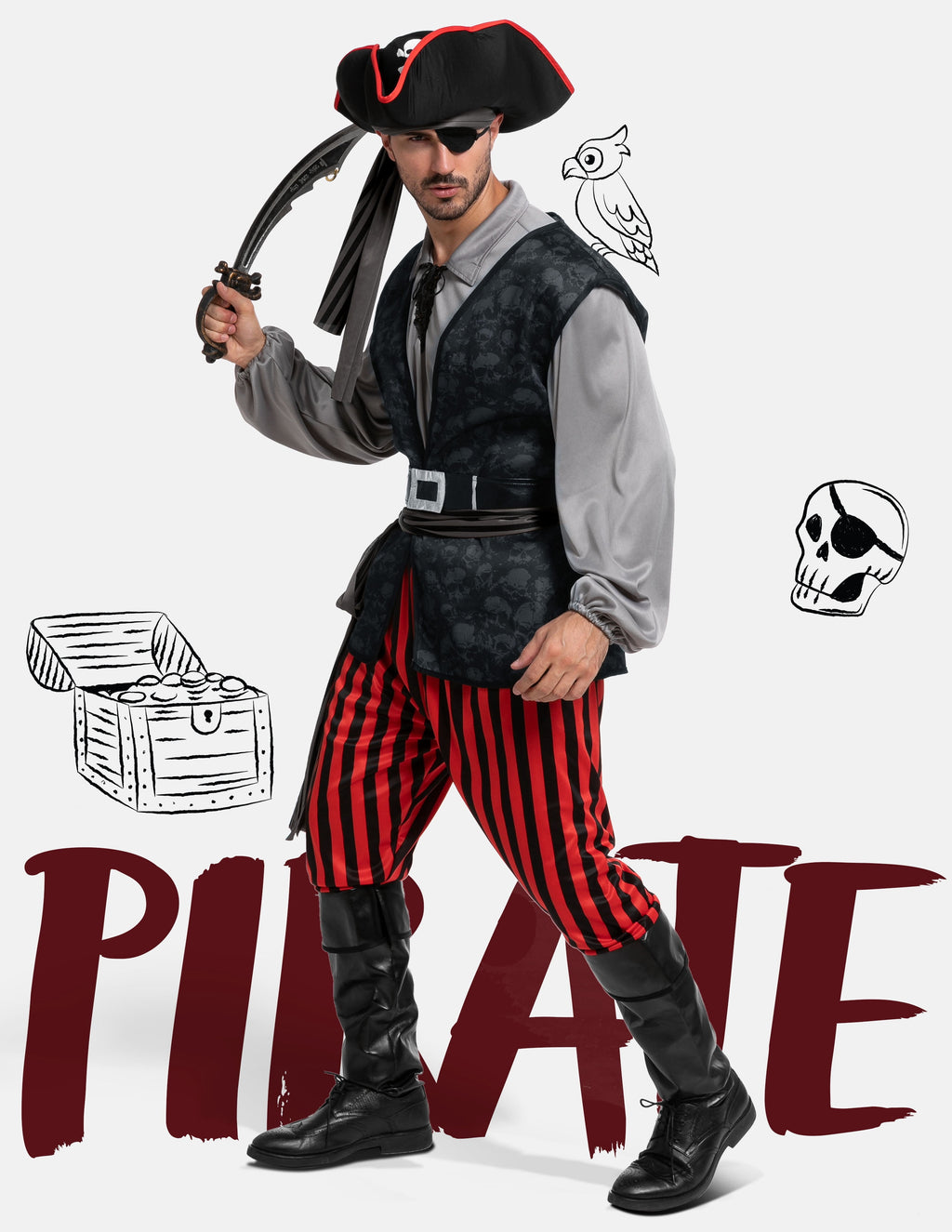Joyfy Men Pirate Costume Plundering Sea Captain Set for Adults Halloween Themed Parties