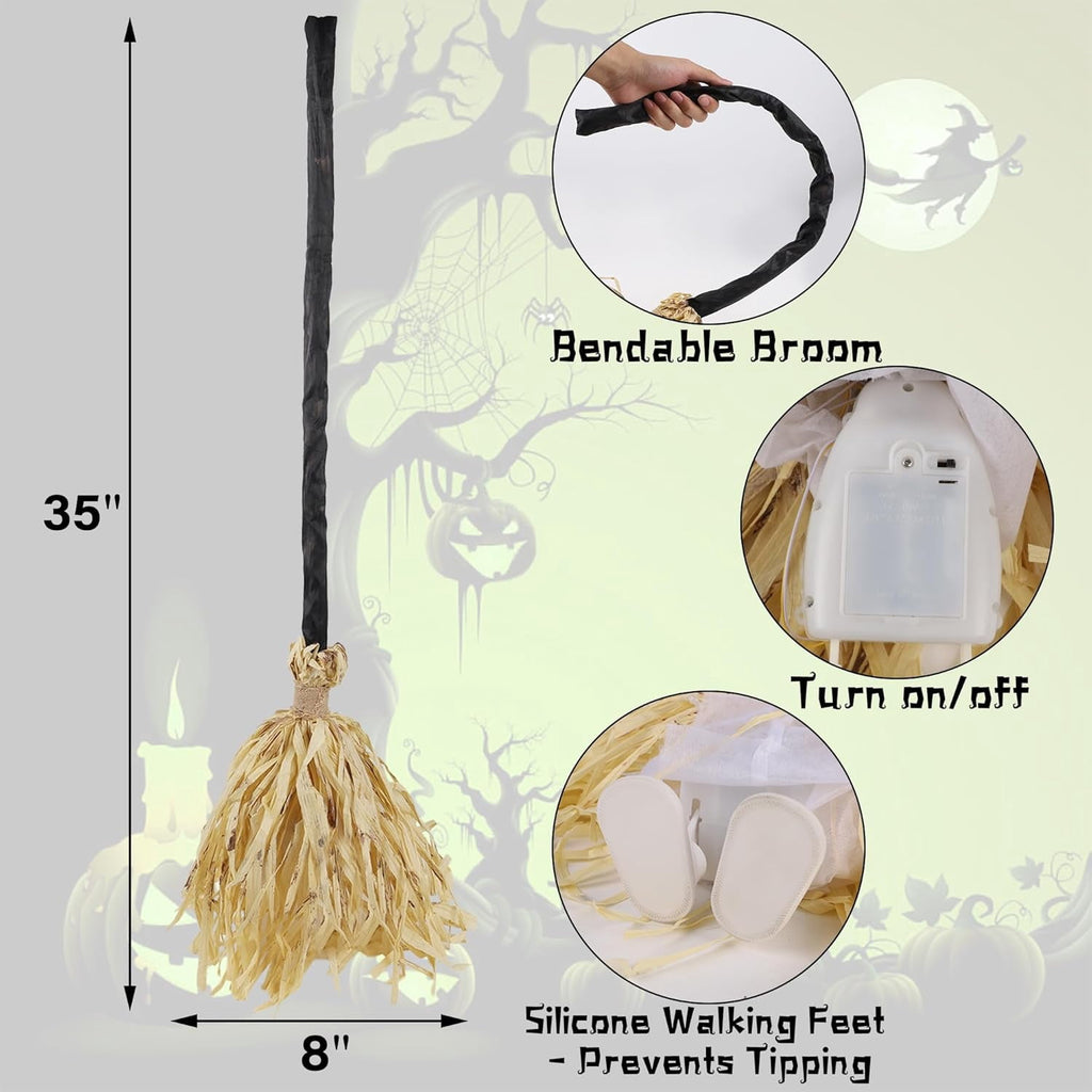 Anmrize 35" Animated Witches Broom Halloween Decor Magic Witch Broomstick | Moving, Sound/Touch Activated, Light up, Spooky Sounds, Dancing, for Indoor & Outdoor Porch, Halloween Party Decorations