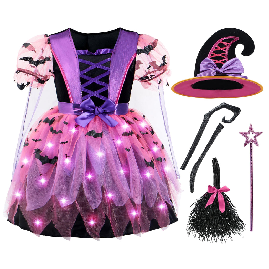 Joyfy Kids Witch Costume, Girls Light Up Witch Costume with Hat and Broom Outfits Set for Toddler Halloween Dress up Cosplay