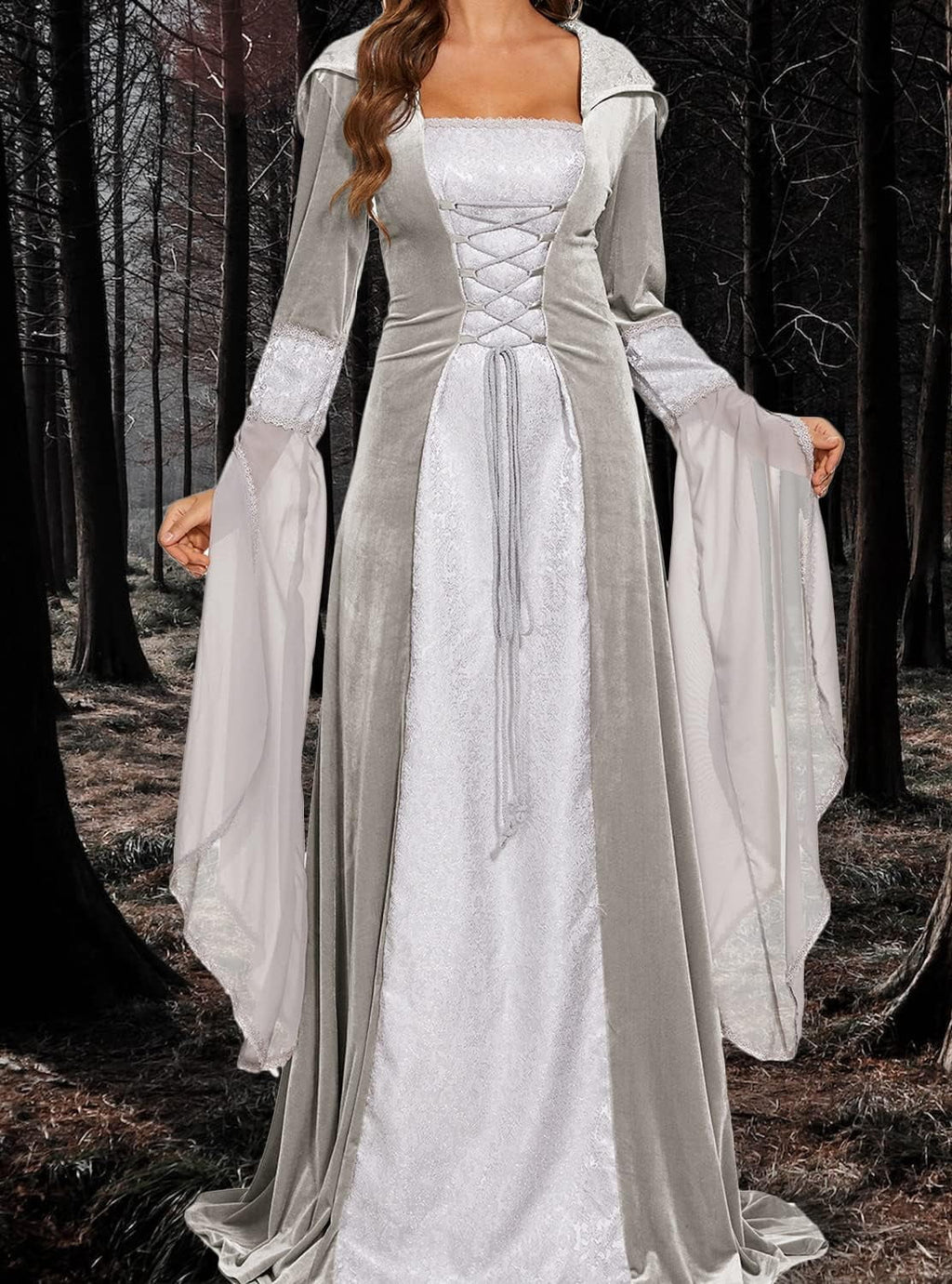 Halloween Witch Costume Women, Deluxe Witch Dress Costume, Vintage Embroidered Renaissance Gothic Hooded Vampire Gown Dress Cosplay Costumes Black M
