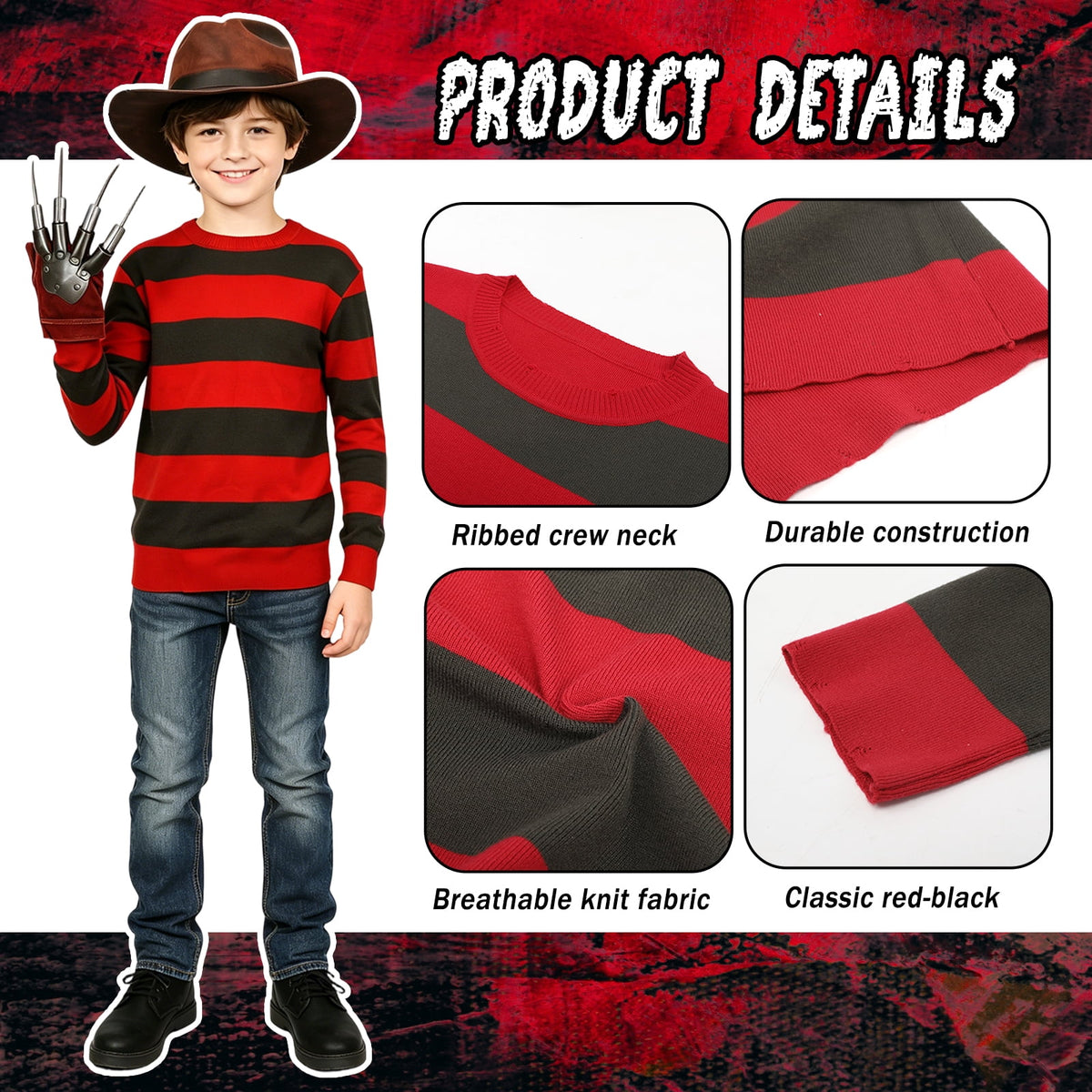 BUXULYP Halloween Killer Costume Kids Red Striped Sweater Hat Glove Claws Cosplay Outfits for Boys Girls Toddler Youth