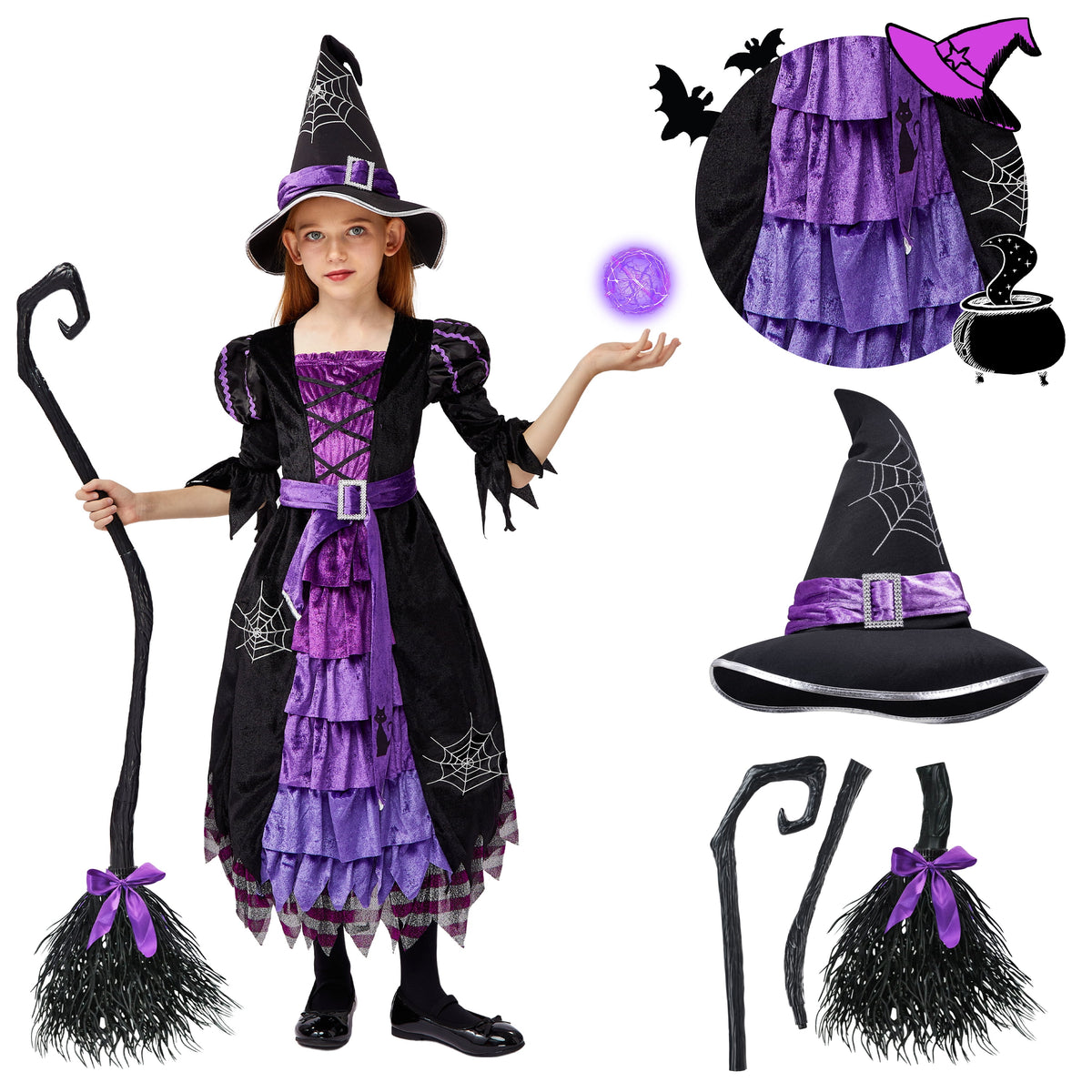 Joyfy Witch Costume Set for Girls, Halloween Fancy-Dress with Broom Hat for Toddler Kids Halloween Party Dress up 3-14 Years