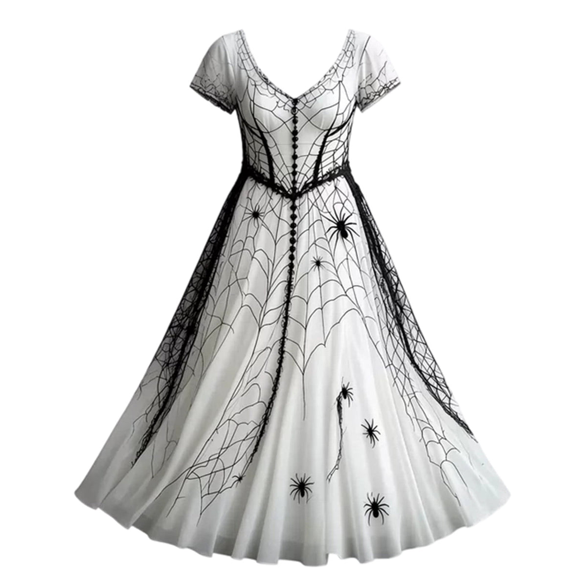 KICILVS Gothic Clothes For Women Black Spiderweb And Spider Print Flowing V Neck Long Maxi Dress Halloween Cosplay Gothic Party Dress