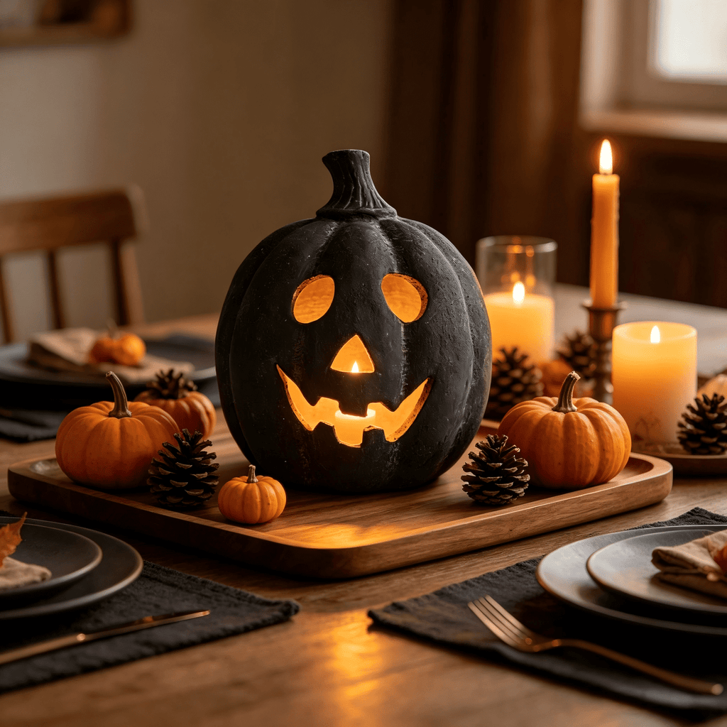 Halloween Decorations - 9.8" Black Handmade Resin Jack O Lantern Pumpkin Fall Decor, Indoor Outside Gothic Festival House Centerpiece Decoration for Table Garden Living Room Mantel