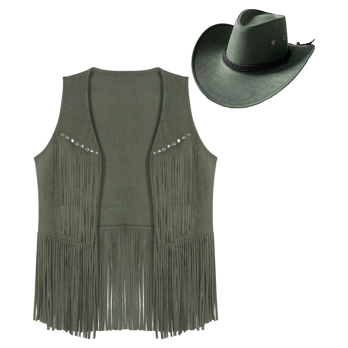 TiaoBug Men's Western Cowboy Cosplay Costume Tassel Rivets Waistcoat with Wide Brim Hats Sets Black L