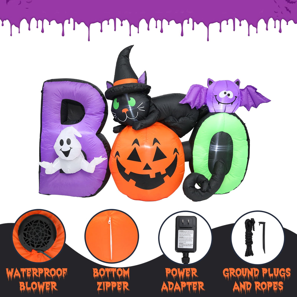 MUMTOP 6 FT Long Halloween Inflatables Outdoor Decorations, Pumpkin Inflatable with Lighted Ghost, Black Cat and Bat, Blow Up Decoration for Halloween Party, Yard, Garden, Lawn