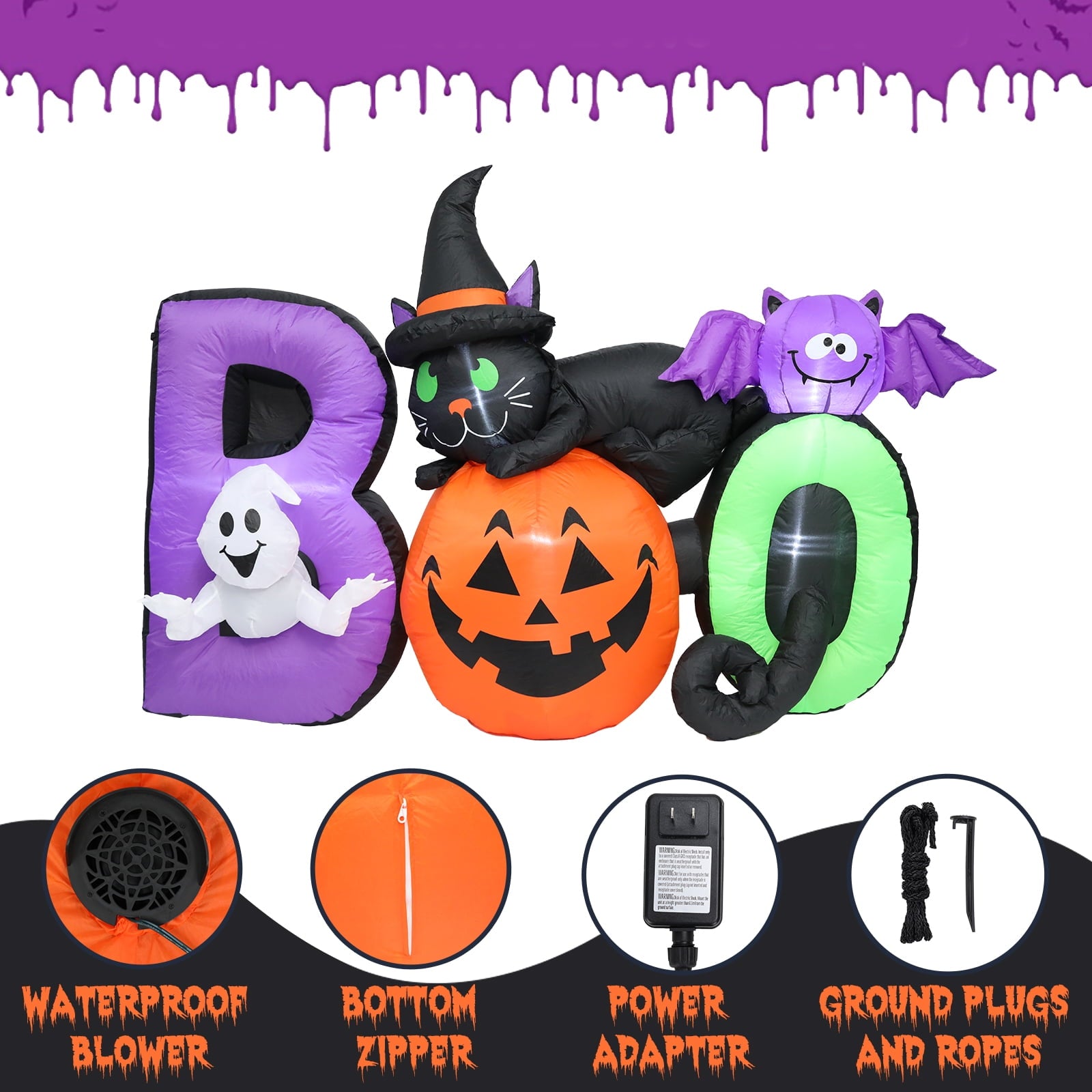 MUMTOP 6 FT Long Halloween Inflatables Outdoor Decorations, Pumpkin Inflatable with Lighted Ghost, Black Cat and Bat, Blow Up Decoration for Halloween Party, Yard, Garden, Lawn