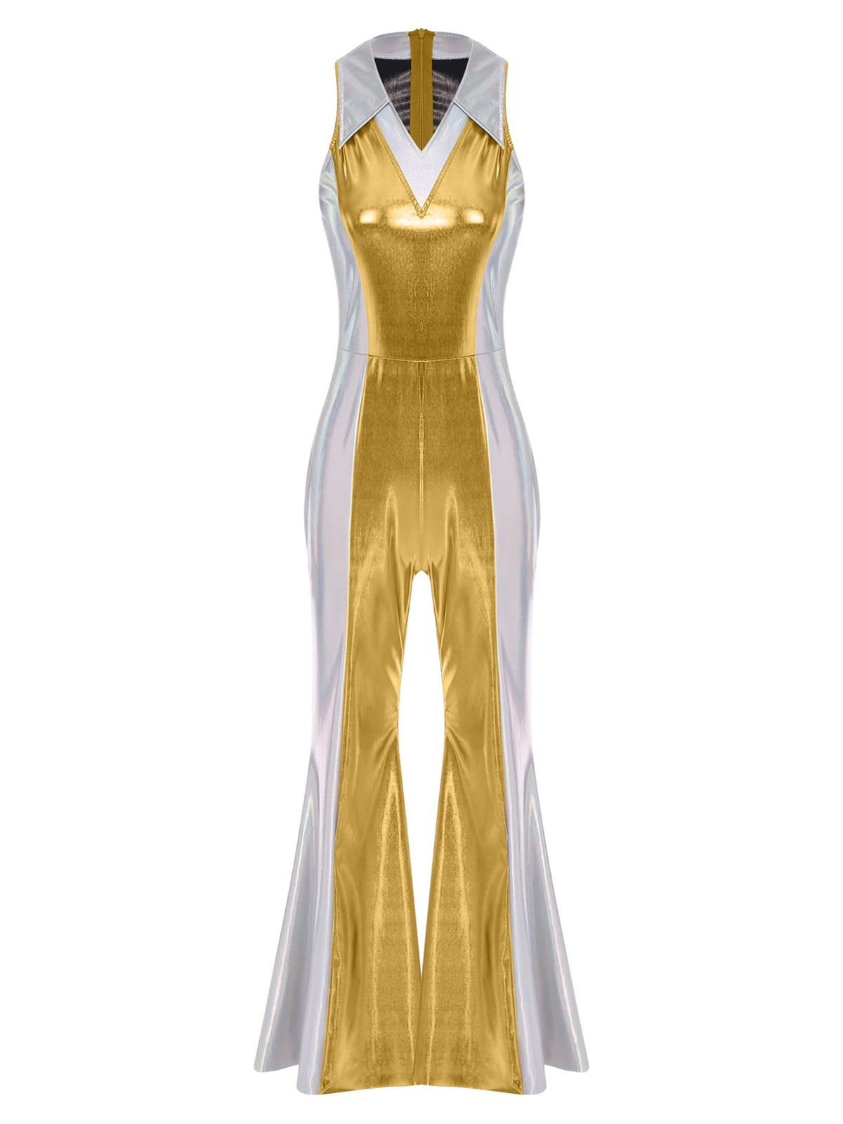 YiZYiF Womens 70s 80s Disco Costume Shiny Metallic Flared Pants Jumpsuit for Dance Party Halloween Gold S