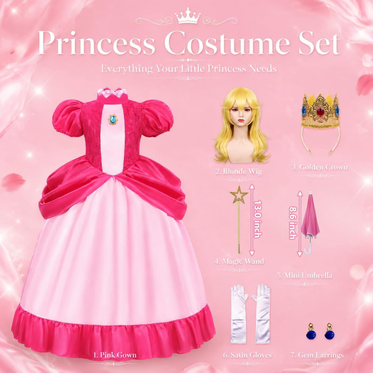 G*irls Halloween Princess Dress with Accessories, Blue Princess Dress with Wig Wand Crown Earrings and Star Earrings